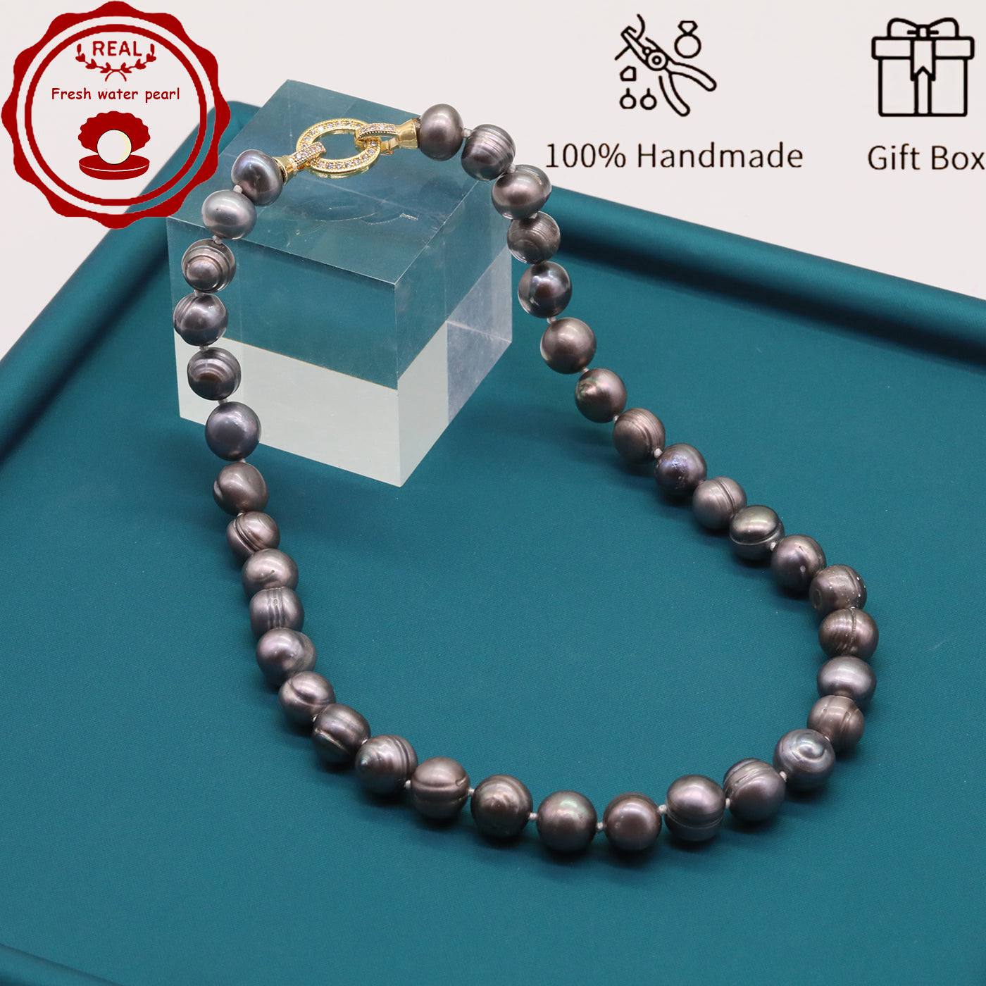 100% handmade authentic 10-11mm grey natural Freshwater Pearl necklace Elegant 17.7inch long men's and women's luxury freshwater pearl necklace with gift box, perfect for everyday, wedding and birthday parties, ideal for Christmas, Valentine's Day