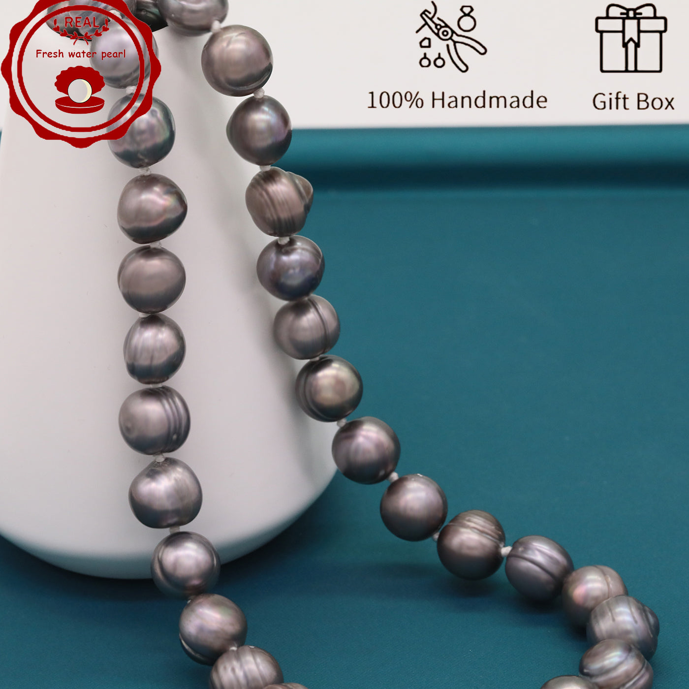 100% handmade authentic 10-11mm grey natural Freshwater Pearl necklace Elegant 17.7inch long men's and women's luxury freshwater pearl necklace with gift box, perfect for everyday, wedding and birthday parties, ideal for Christmas, Valentine's Day