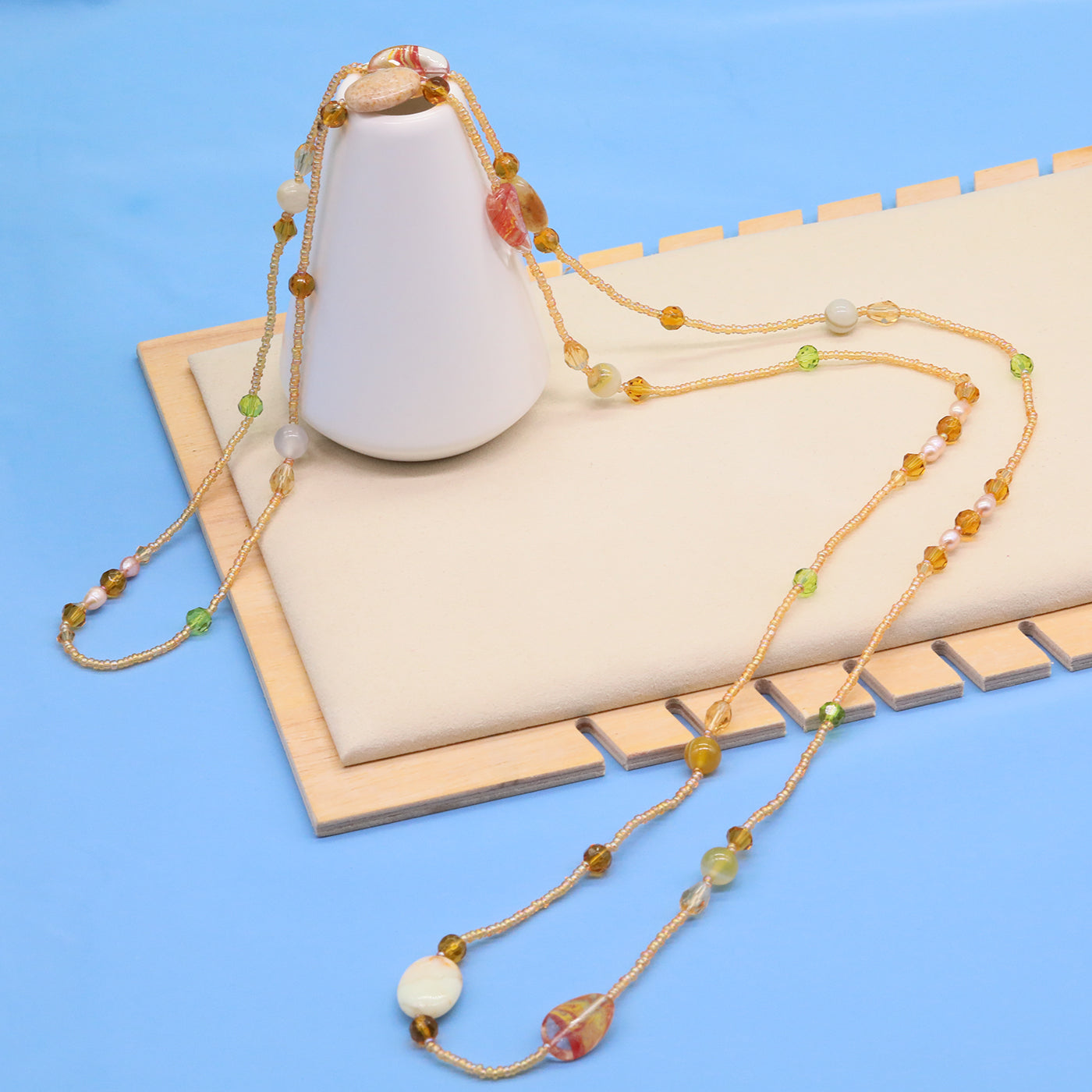 Bohemian style 51.2inch long Yellow stone with Freshwater Pearl Long necklace Handmade elegant long necklace ideal for Christmas and Valentine's Day gifts, suitable for everyday, wedding, birthday parties and anniversaries