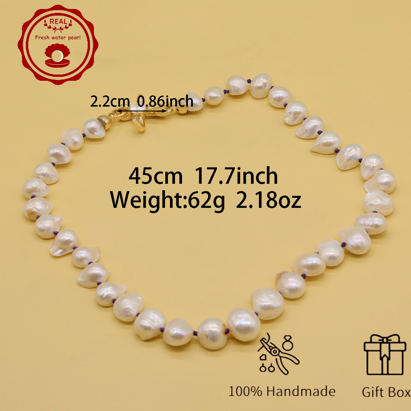 Irregular White Baroque Natural Freshwater Pearl Necklace 100% handmade 17.7inch long 12-17mm Freshwater Pearl necklace suitable for everyday, wedding, birthday parties, Christmas, Valentine's Day, stylish Baroque freshwater pearl necklace
