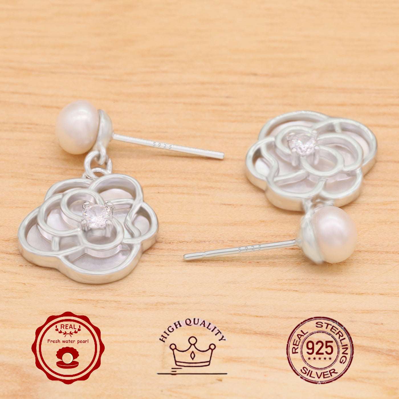 Elegant S925 Sterling Silvery & Freshwater Pearl Flower Stud Earrings - Luxurious Zirconia Accents, Perfect for Daily Wear & Special Occasions