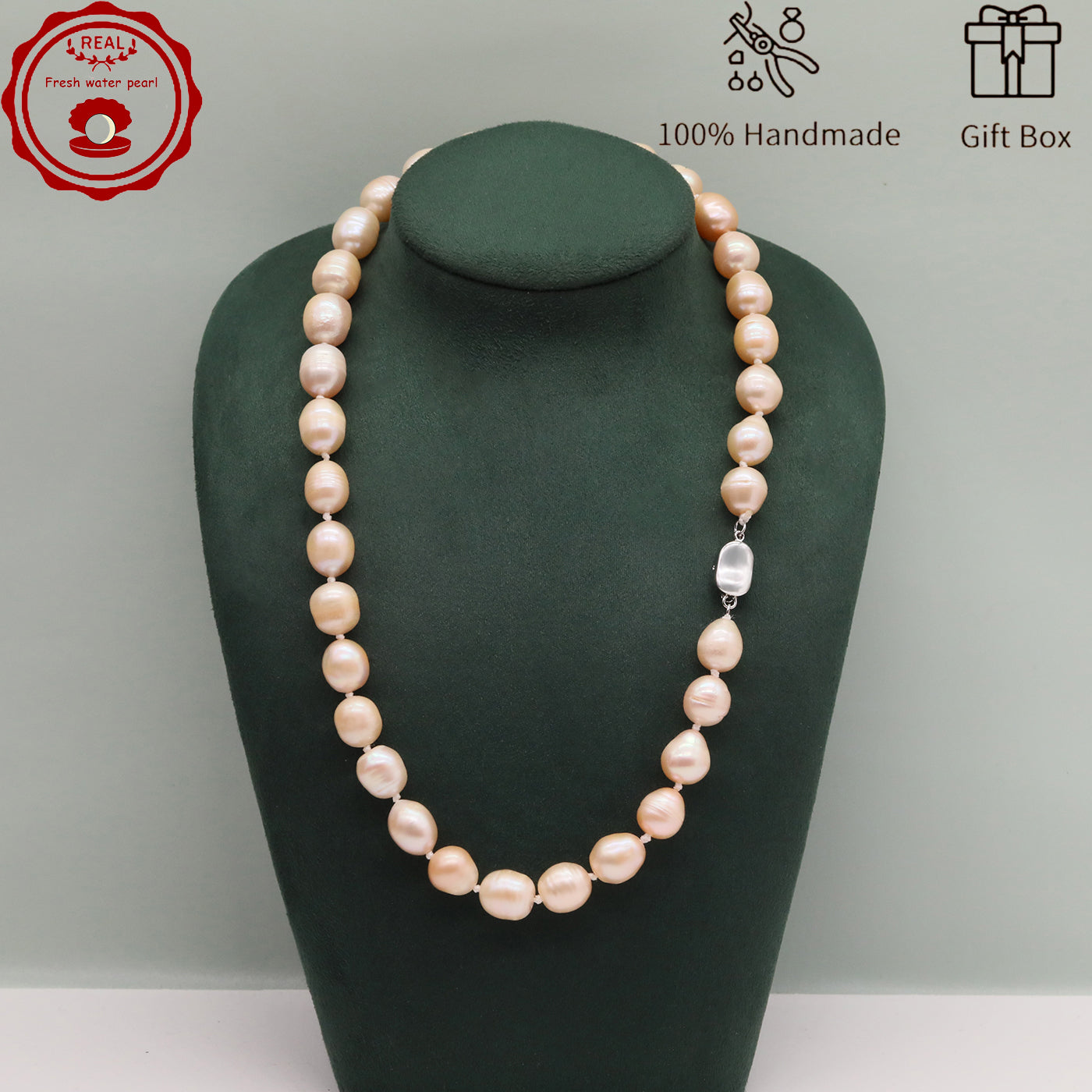 Elegant 16.5" Pink Freshwater Pearl Necklace - Handcrafted, 10mm Beads with Gift Box - Perfect for Casual Attire & Special Occasions【XL-2411PInk-001】