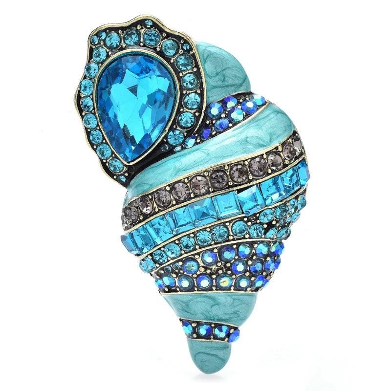 Shinning Blue Conch Brooches For Women Unisex Full Rhinestone Enamel Pretty Sea Shell