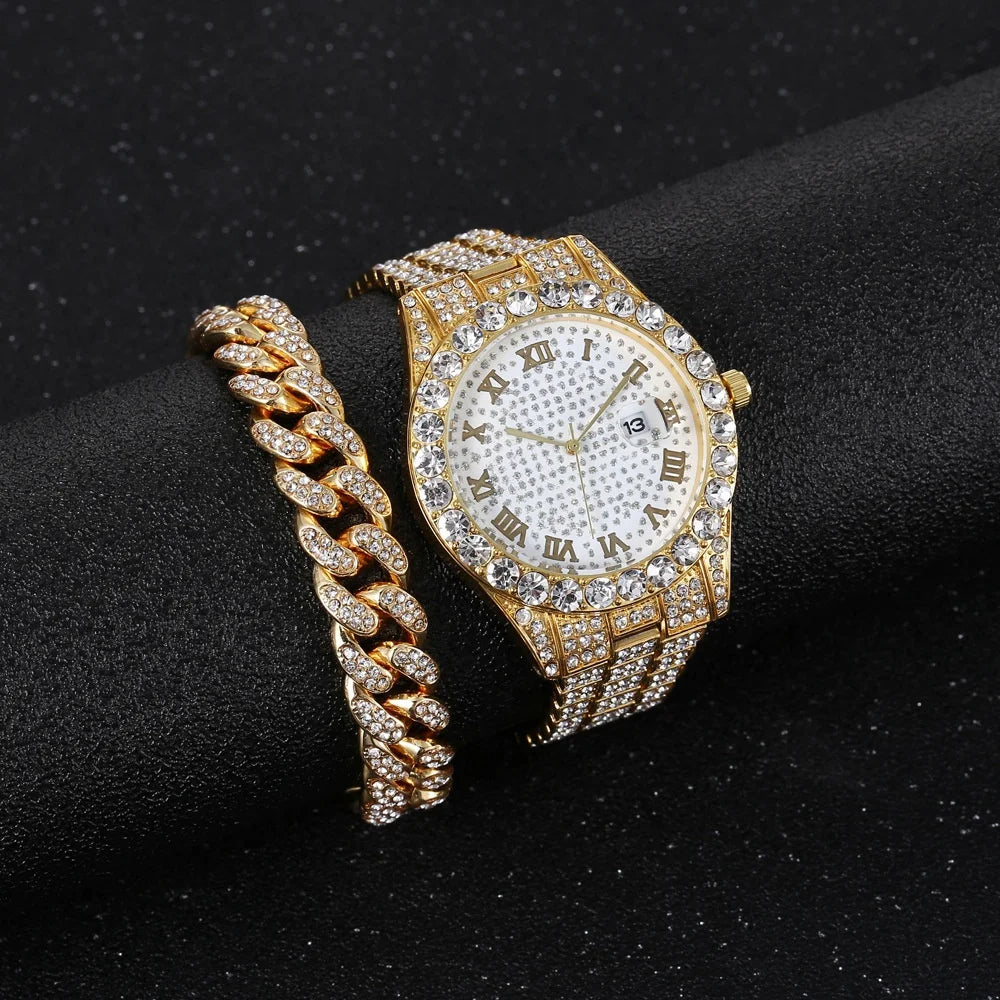Hip Hop Luxury Stainless Steel Strap Rhinestone Decor Date Quartz Bracelet Watches Set