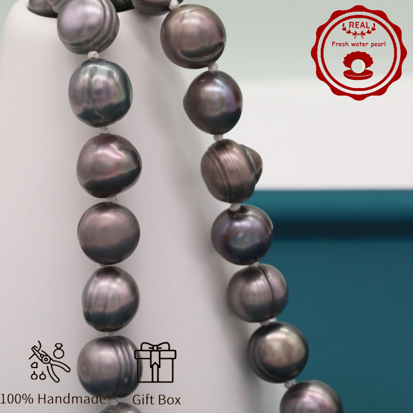 100% handmade authentic 10-11mm grey natural Freshwater Pearl necklace Elegant 17.7inch long men's and women's luxury freshwater pearl necklace with gift box, perfect for everyday, wedding and birthday parties, ideal for Christmas, Valentine's Day
