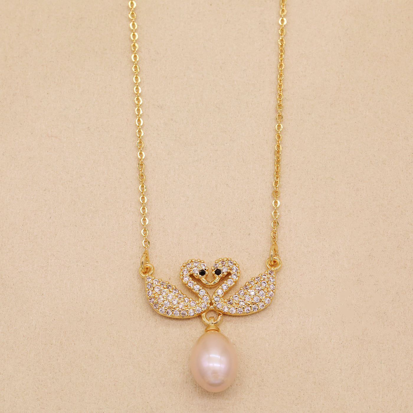 Elegant Fresh Water Pearl Double Swan Pendant Necklace Handmade 100% fresh water pearl pendant necklace with gift box, perfect for everyday, wedding and festival wear everything fresh water pearl pendant necklace【XL-2502Golden-03】