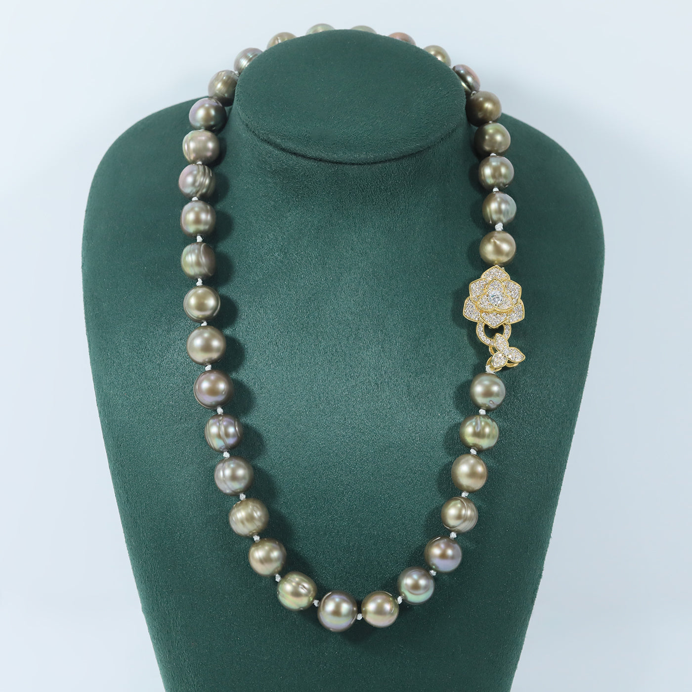 Authentic 10-11mm Brown Freshwater Pearl necklace 100% handmade 17.7inch long round freshwater Pearl necklace with diamond set gold flower buckle elegant Christmas, Valentine's Day gift