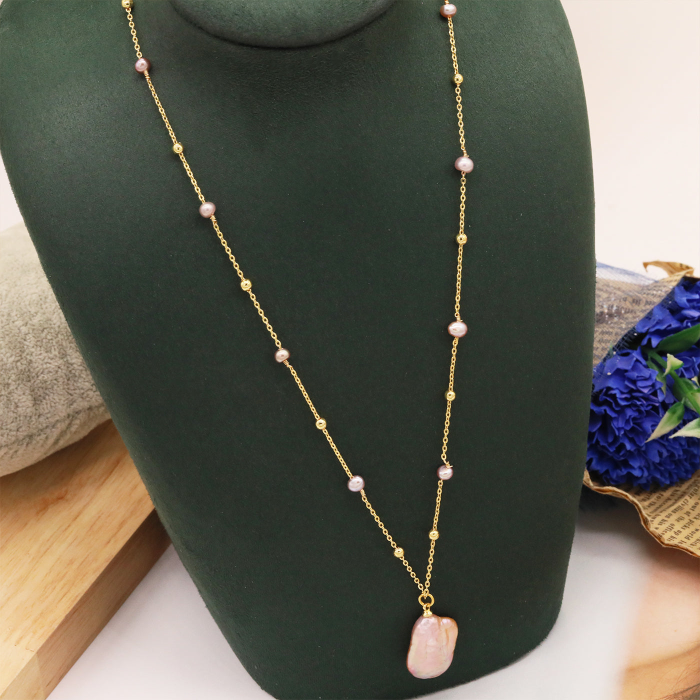 1 stylish and exquisite geometric Baroque freshwater pearl pendant necklace, women's freshwater pearl pendant necklace, Valentine's Day gift for girlfriends, banquet and wedding accessories【XL-2502Golden-02】