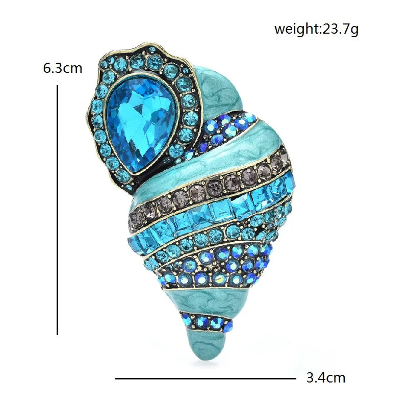 Shinning Blue Conch Brooches For Women Unisex Full Rhinestone Enamel Pretty Sea Shell
