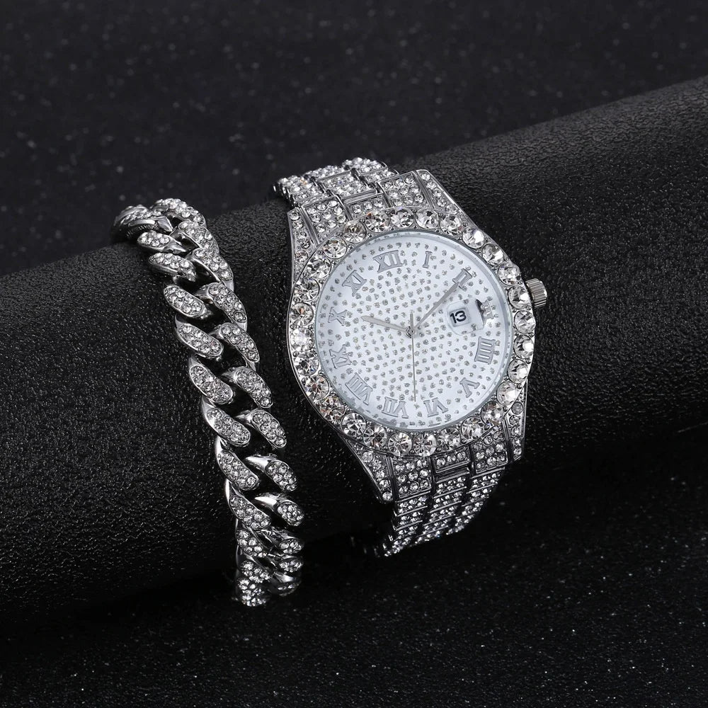 Hip Hop Luxury Stainless Steel Strap Rhinestone Decor Date Quartz Bracelet Watches Set