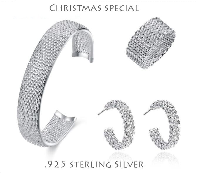 3 pcs. Handcrafted mesh bracelet-earring-ring gift set - Providence silver gold jewelry usa