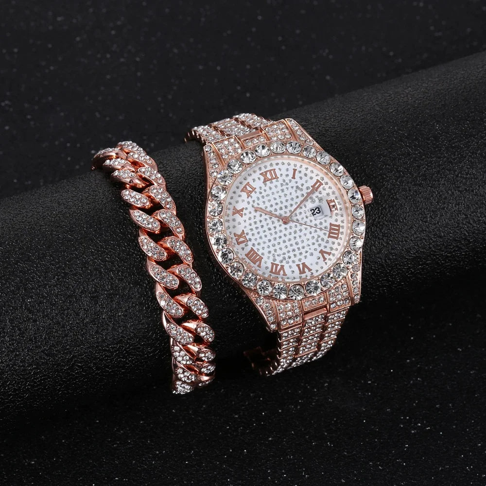 Hip Hop Luxury Stainless Steel Strap Rhinestone Decor Date Quartz Bracelet Watches Set