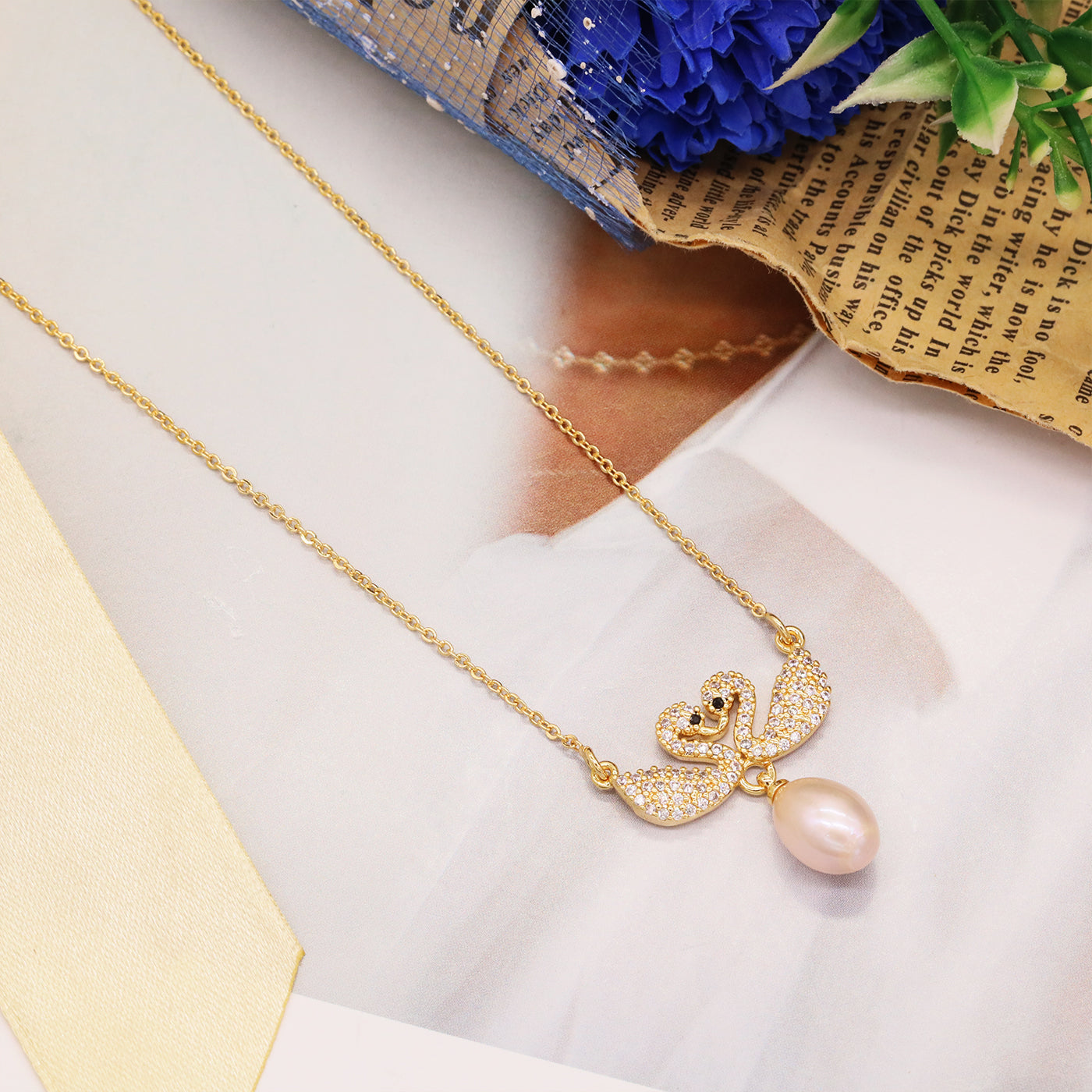 Elegant Fresh Water Pearl Double Swan Pendant Necklace Handmade 100% fresh water pearl pendant necklace with gift box, perfect for everyday, wedding and festival wear everything fresh water pearl pendant necklace【XL-2502Golden-03】