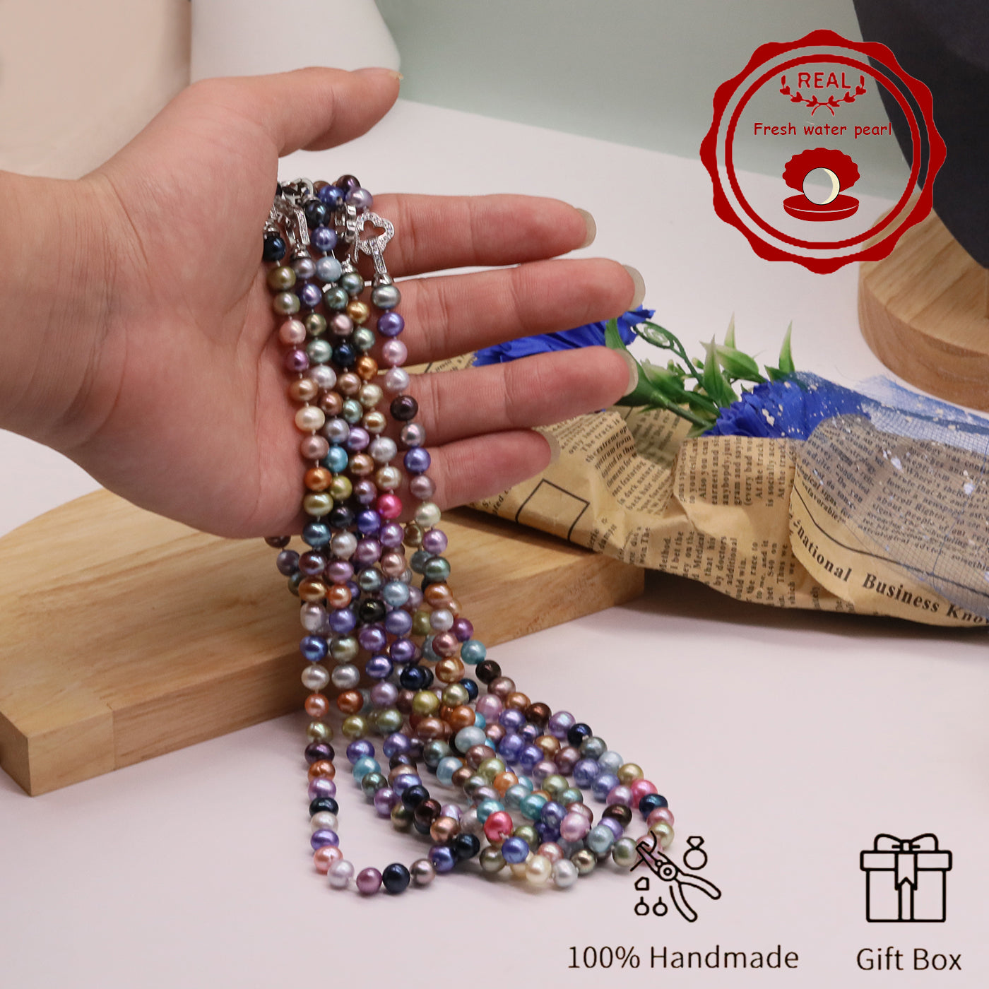 Natural Multicolor Freshwater Pearl Necklace Handmade 18.1Inch Length 7-8Mm Natural Freshwater Pearl Necklace with Flower Clasp Genuine Freshwater Pearl Necklace Comes with Gift Box 【NK-XL2501Colour-01】