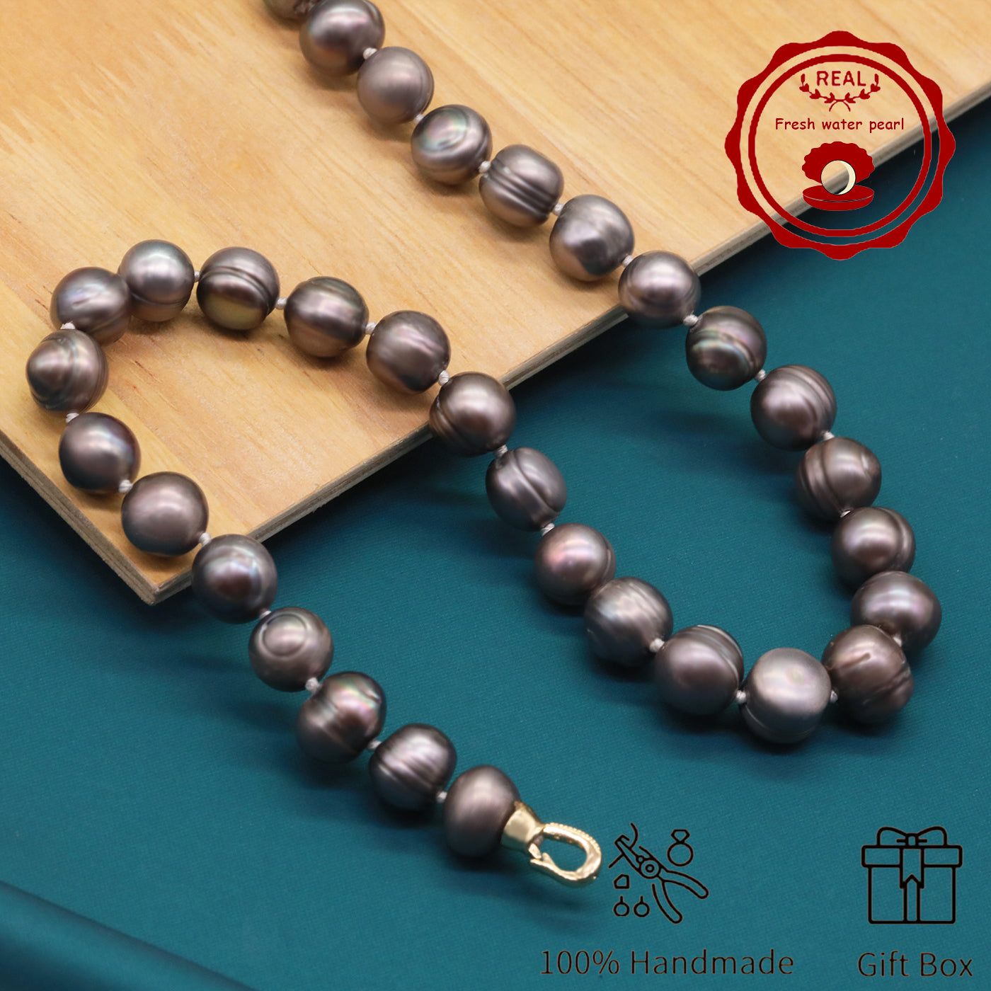 100% handmade authentic 10-11mm grey natural Freshwater Pearl necklace Elegant 17.7inch long men's and women's luxury freshwater pearl necklace with gift box, perfect for everyday, wedding and birthday parties, ideal for Christmas, Valentine's Day