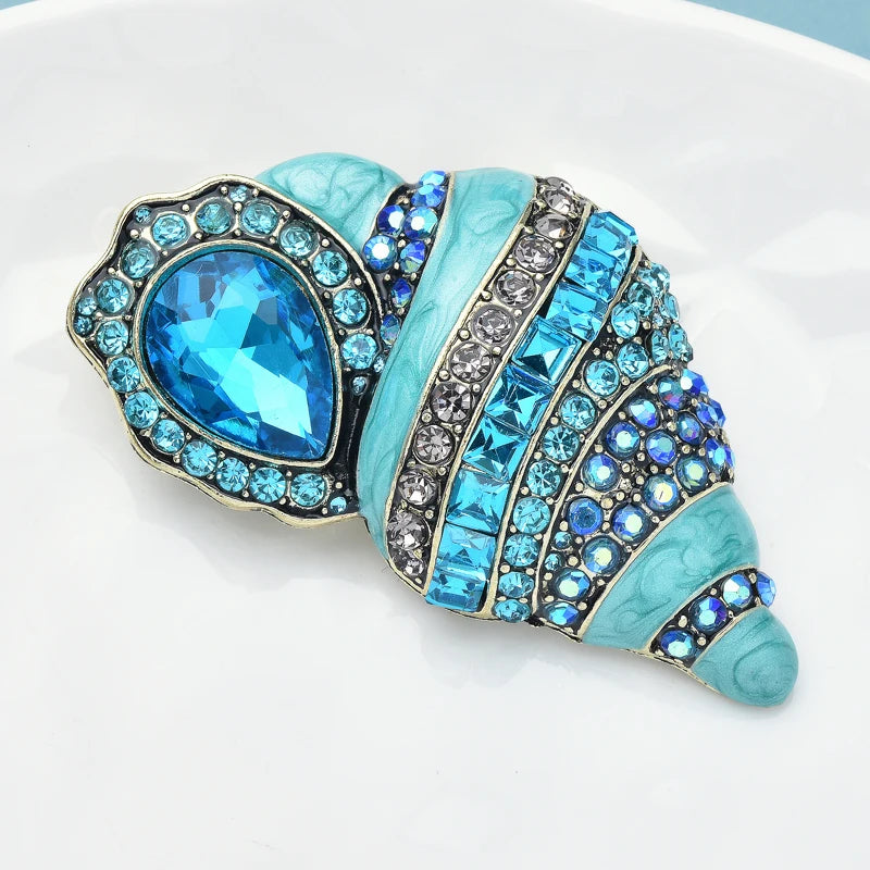 Shinning Blue Conch Brooches For Women Unisex Full Rhinestone Enamel Pretty Sea Shell