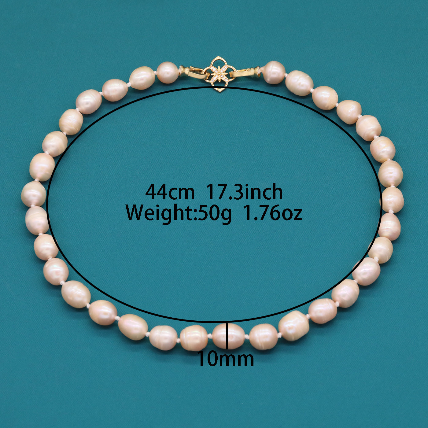 A beautiful 100% handmade, freshwater pearl necklace with golden flower buckle, 10mm, perfect for bridal jewelry, Mother's Day, birthday gifts, parties, giving the perfect ideal gift choice