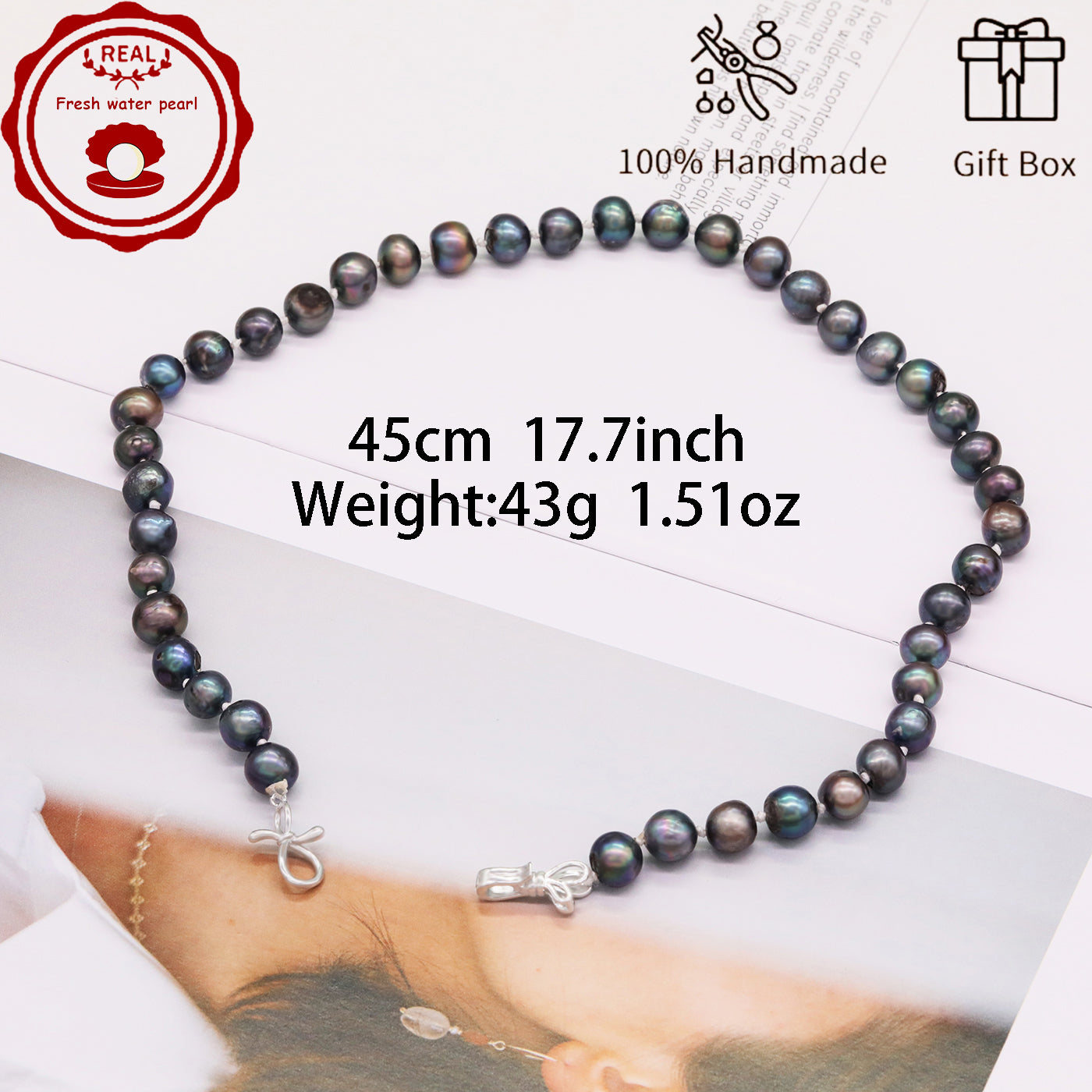 Handmade Freshwater Pearl Necklace for men and women Classic Vintage 20 year Old Large Old Pearl 17.7inch long Freshwater Pearl necklace Ideal for Valentine's Day gifts【NK-XL2501-Purple-02】