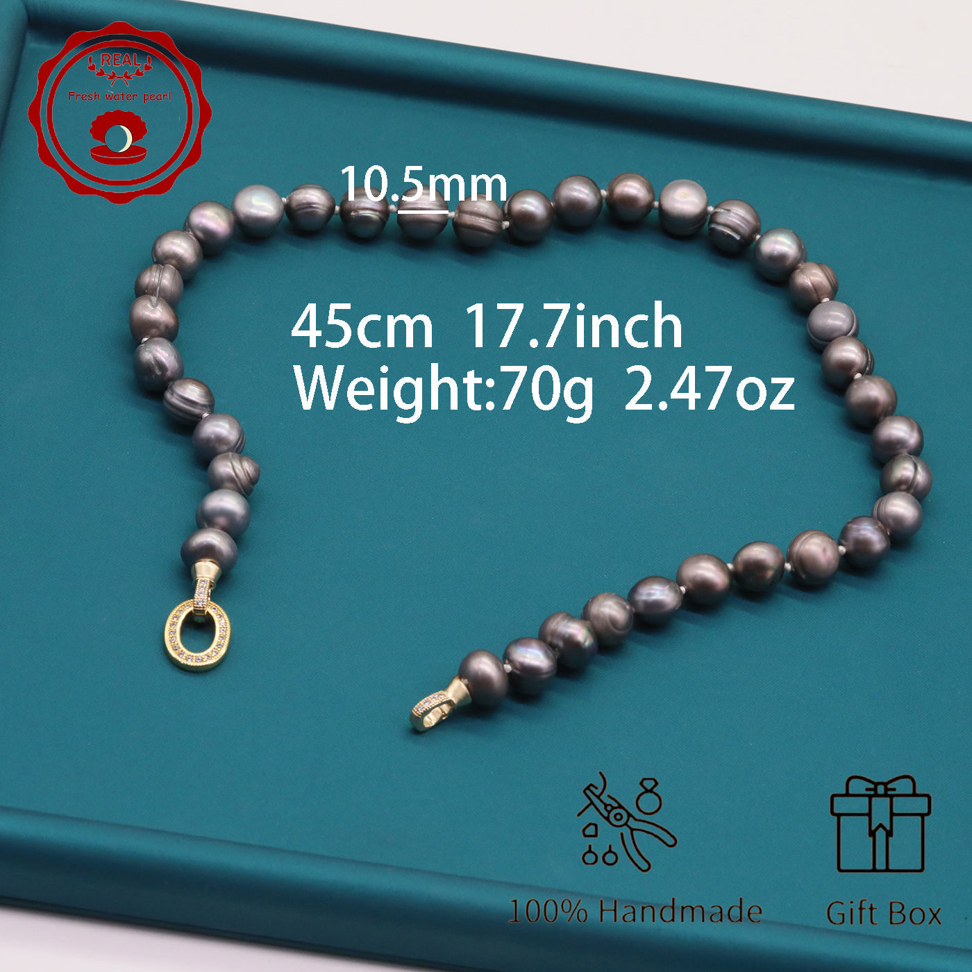 100% handmade authentic 10-11mm grey natural Freshwater Pearl necklace Elegant 17.7inch long men's and women's luxury freshwater pearl necklace with gift box, perfect for everyday, wedding and birthday parties, ideal for Christmas, Valentine's Day