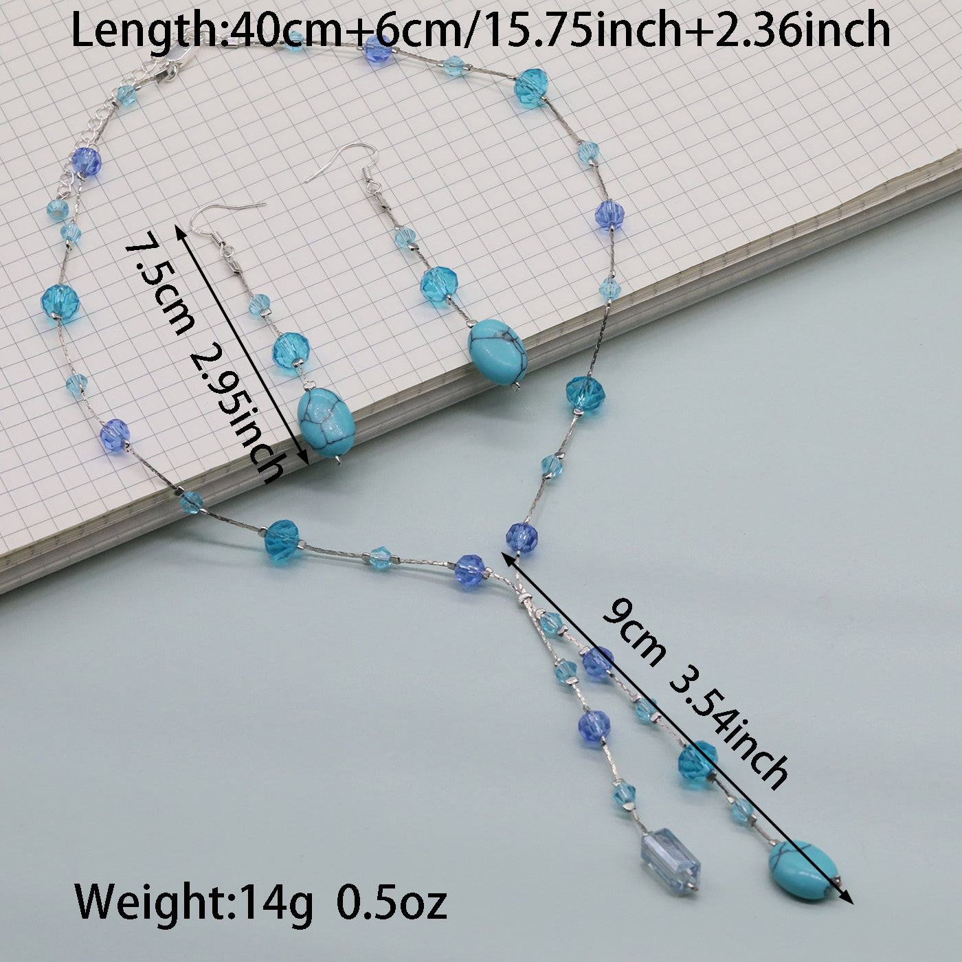 Bohemian Vintage Handcrafted Natural Stone and Crystal Bead Jewelry Set, Unique Boho Stone Necklace and Earrings, Unplated, Daily Wear & Gift, Suitable for All Seasons【NK-XL2501Blue-01】