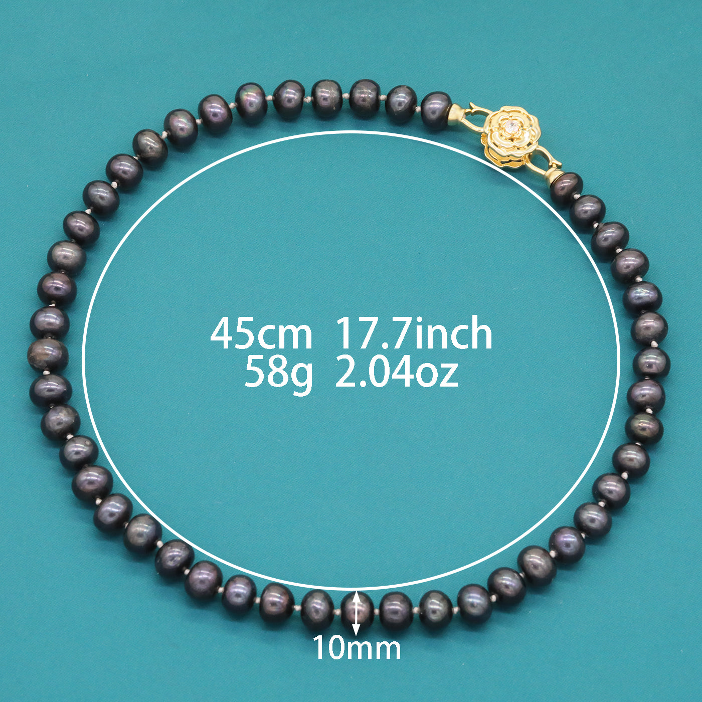 10mm Black Freshwater Pearl Necklace 100% handmade 17.7inch long Freshwater Pearl necklace with gold flower buckle, suitable for everyday, wedding parties and festive wear【XL-2502Black-01G】