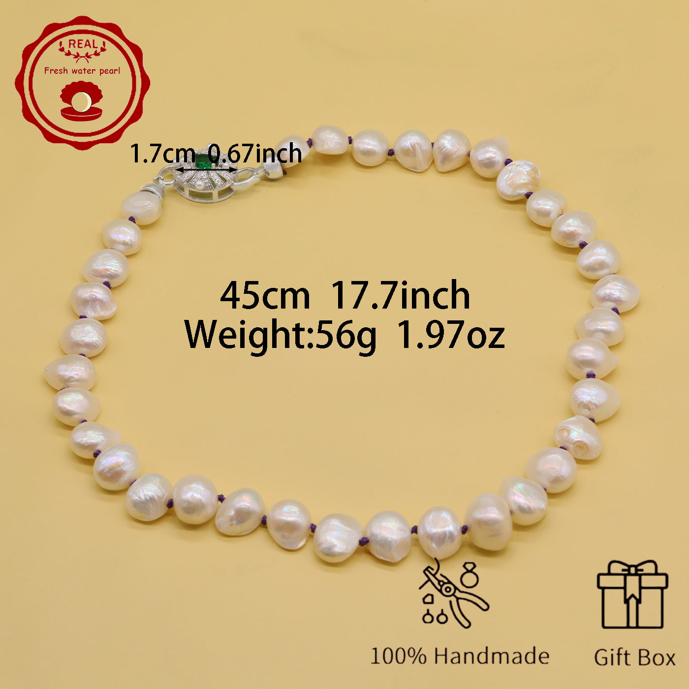 Irregular White Baroque Natural Freshwater Pearl Necklace 100% handmade 17.7inch long 12-17mm Freshwater Pearl necklace suitable for everyday, wedding, birthday parties, Christmas, Valentine's Day, stylish Baroque freshwater pearl necklace