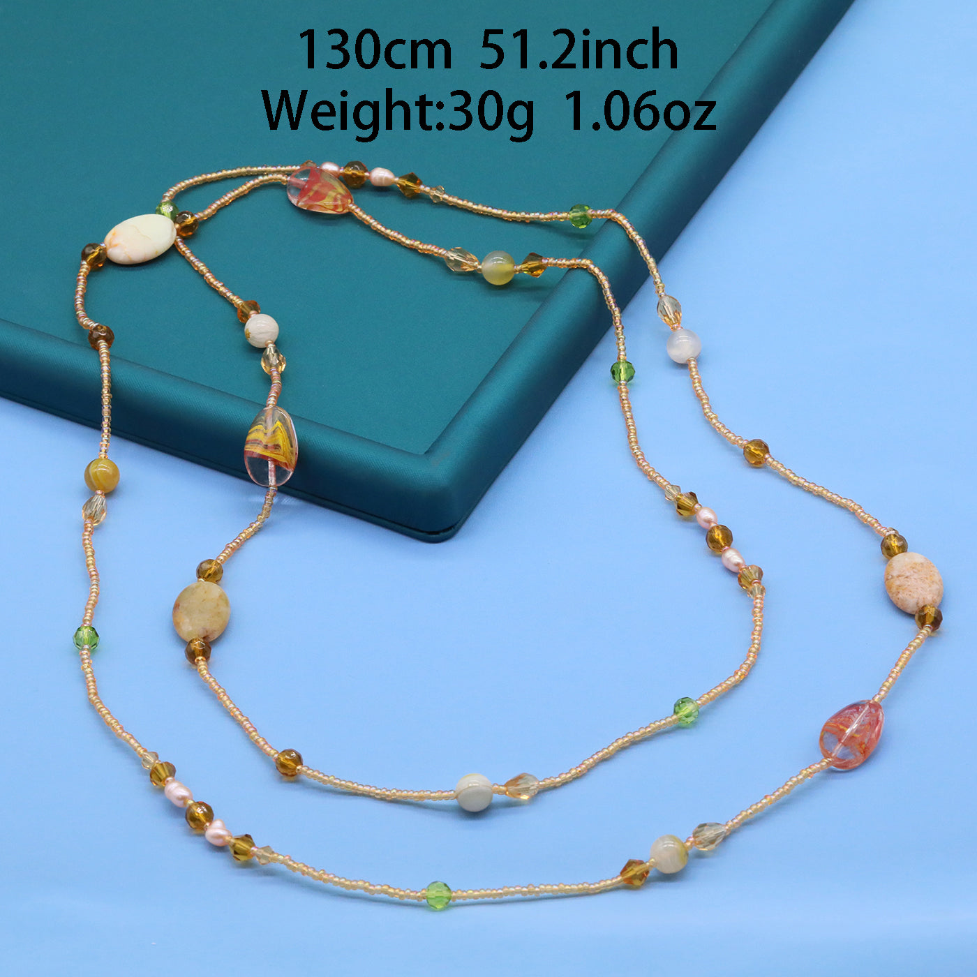 Bohemian style 51.2inch long Yellow stone with Freshwater Pearl Long necklace Handmade elegant long necklace ideal for Christmas and Valentine's Day gifts, suitable for everyday, wedding, birthday parties and anniversaries