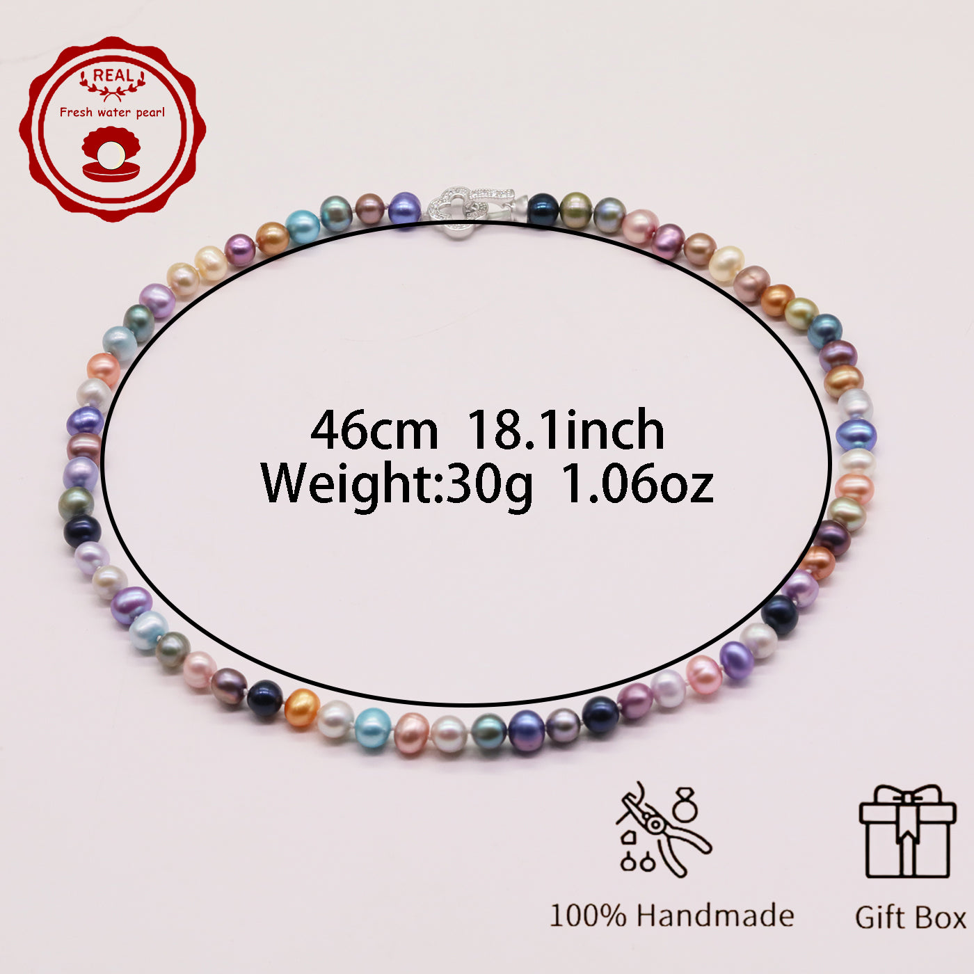 Natural Multicolor Freshwater Pearl Necklace Handmade 18.1Inch Length 7-8Mm Natural Freshwater Pearl Necklace with Flower Clasp Genuine Freshwater Pearl Necklace Comes with Gift Box 【NK-XL2501Colour-01】