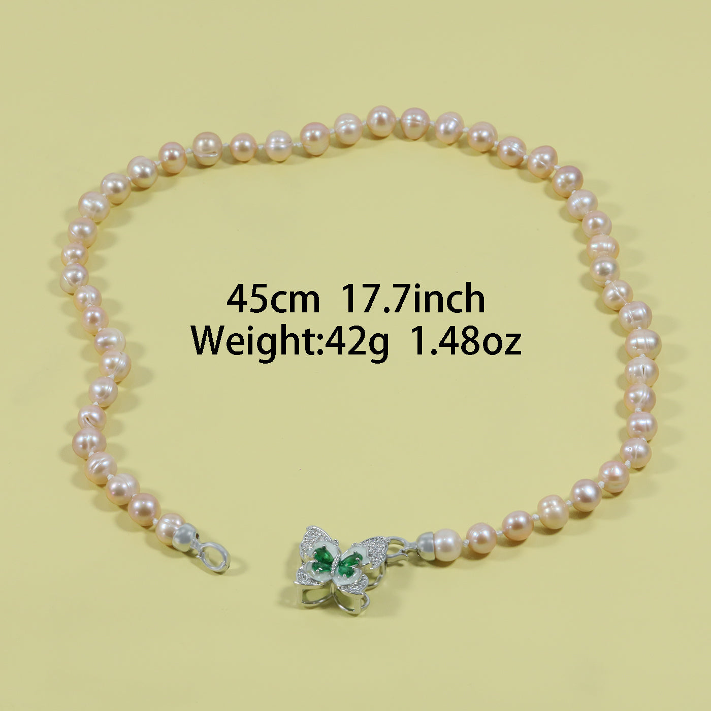 Exquisite 100% handmade freshwater pearl necklace for men and women with green butterfly set with diamond buckle luxury freshwater pearl jewelry for men and women, suitable for everyday, wedding, Christmas and Valentine's Day wear【NK-XL2501Pink-02】