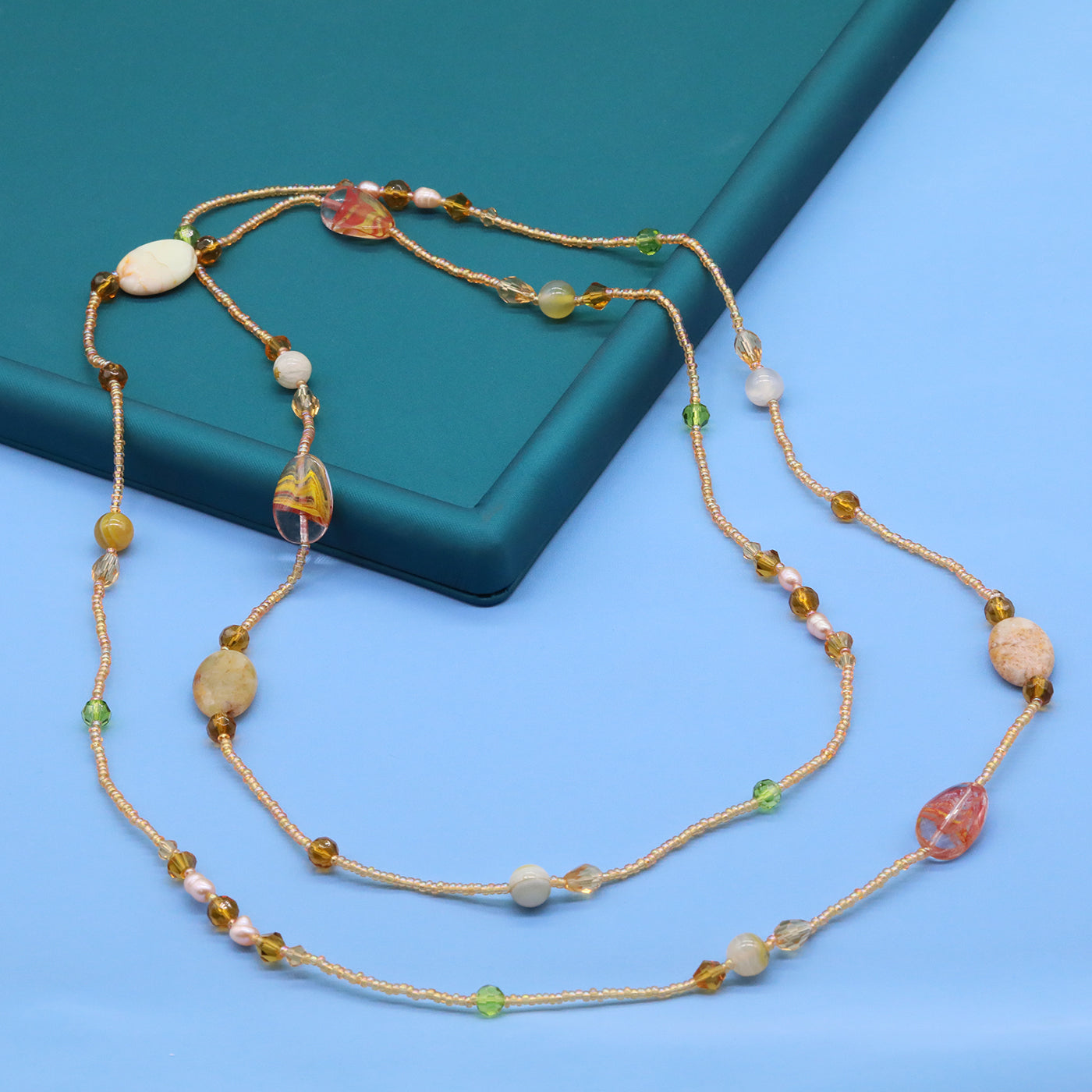 Bohemian style 51.2inch long Yellow stone with Freshwater Pearl Long necklace Handmade elegant long necklace ideal for Christmas and Valentine's Day gifts, suitable for everyday, wedding, birthday parties and anniversaries