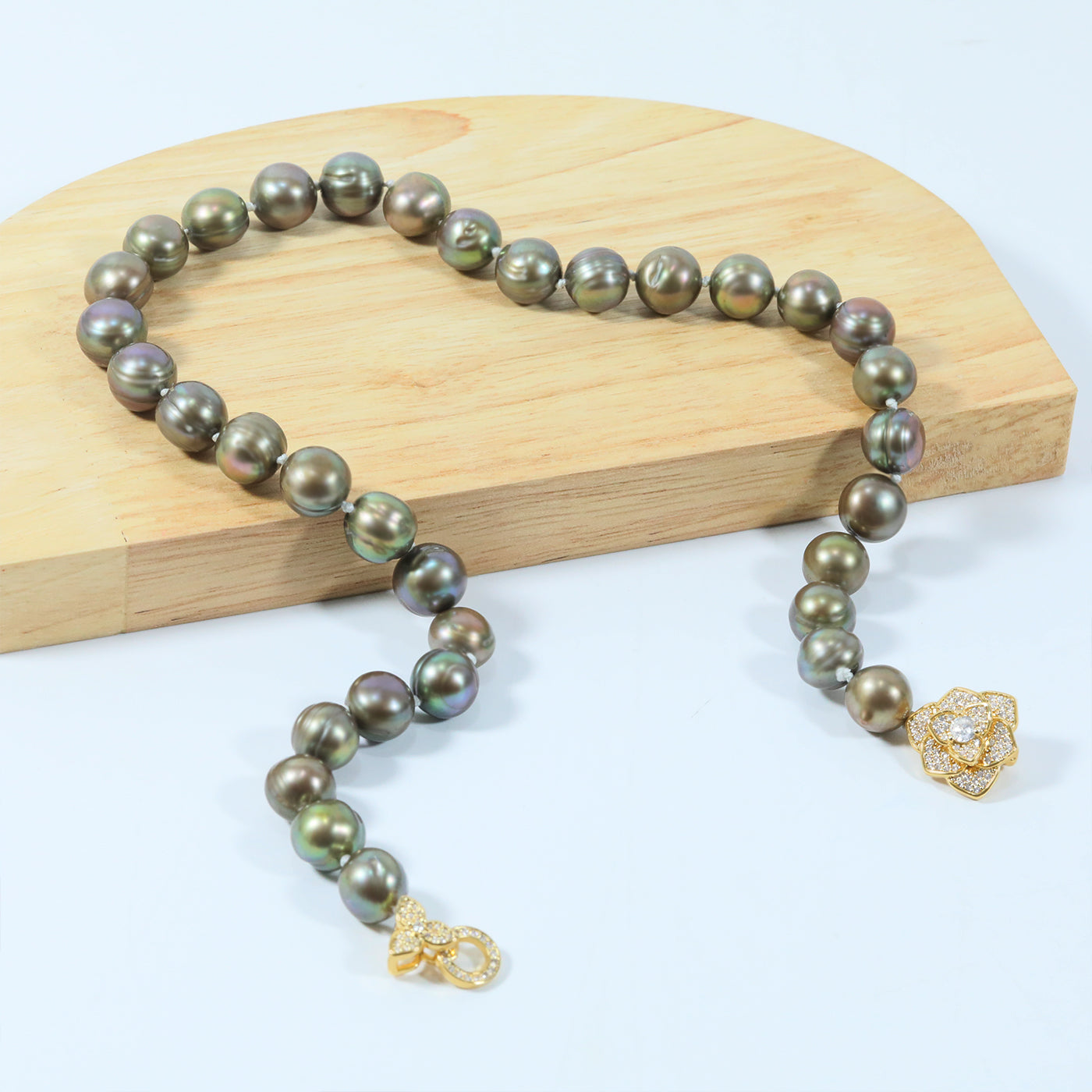 Authentic 10-11mm Brown Freshwater Pearl necklace 100% handmade 17.7inch long round freshwater Pearl necklace with diamond set gold flower buckle elegant Christmas, Valentine's Day gift
