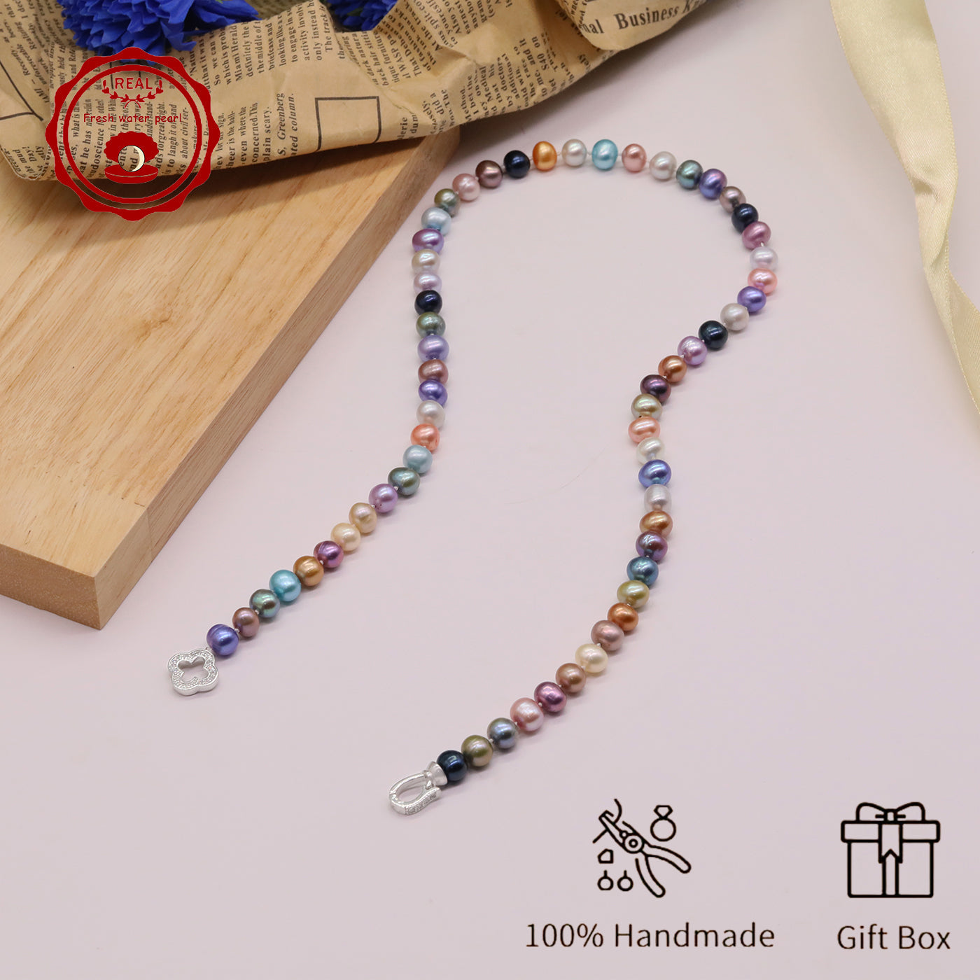 Natural Multicolor Freshwater Pearl Necklace Handmade 18.1Inch Length 7-8Mm Natural Freshwater Pearl Necklace with Flower Clasp Genuine Freshwater Pearl Necklace Comes with Gift Box 【NK-XL2501Colour-01】