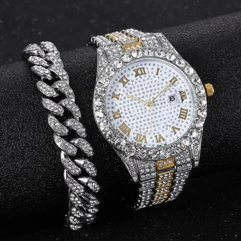 Hip Hop Luxury Stainless Steel Strap Rhinestone Decor Date Quartz Bracelet Watches Set