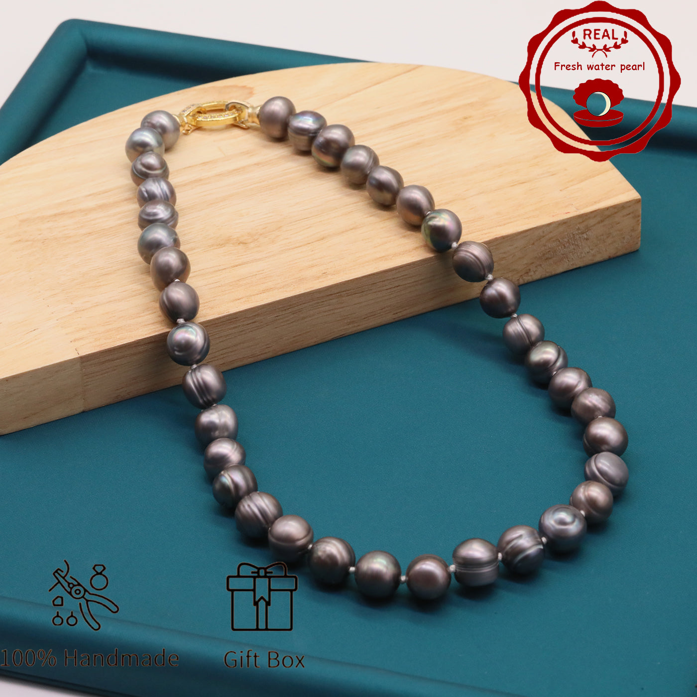 100% handmade authentic 10-11mm grey natural Freshwater Pearl necklace Elegant 17.7inch long men's and women's luxury freshwater pearl necklace with gift box, perfect for everyday, wedding and birthday parties, ideal for Christmas, Valentine's Day