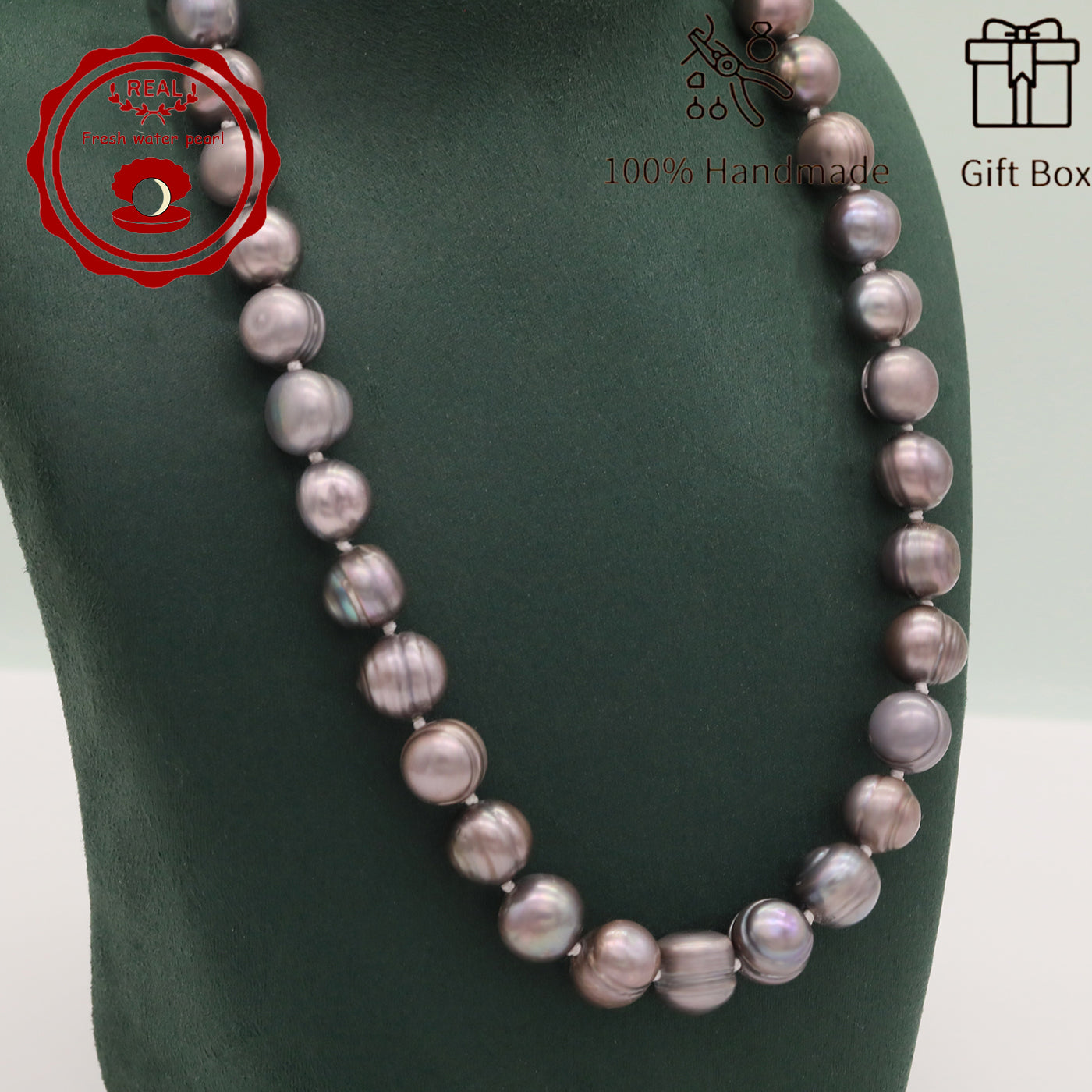 100% handmade authentic 10-11mm grey natural Freshwater Pearl necklace Elegant 17.7inch long men's and women's luxury freshwater pearl necklace with gift box, perfect for everyday, wedding and birthday parties, ideal for Christmas, Valentine's Day