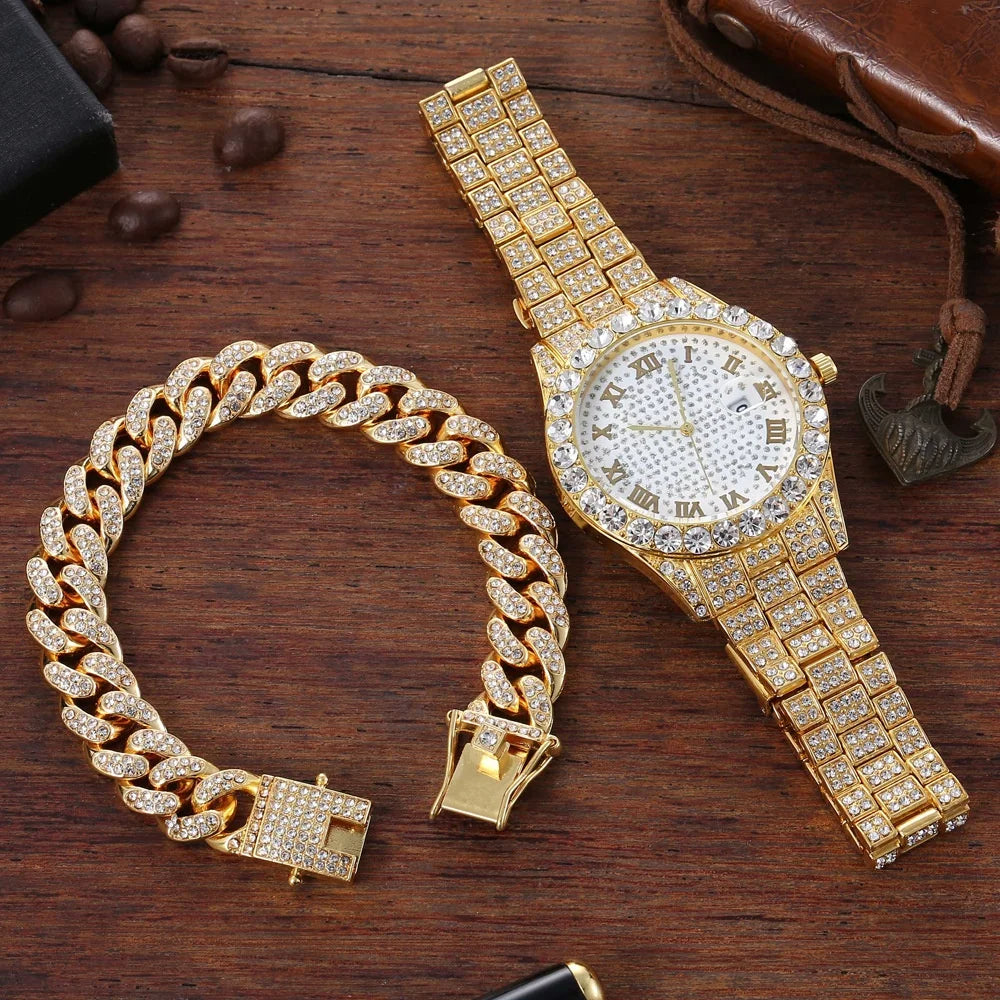 Hip Hop Luxury Stainless Steel Strap Rhinestone Decor Date Quartz Bracelet Watches Set