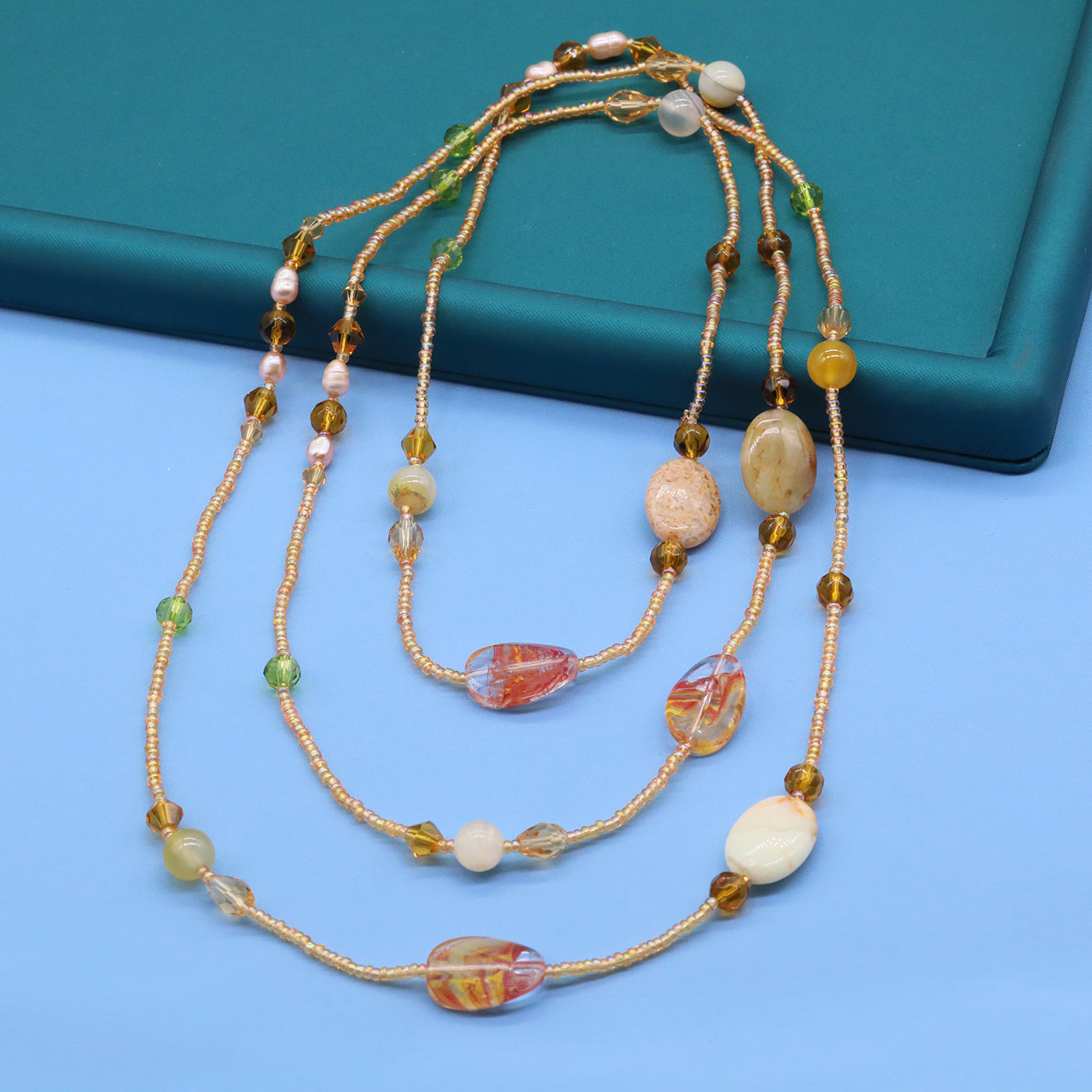 Bohemian style 51.2inch long Yellow stone with Freshwater Pearl Long necklace Handmade elegant long necklace ideal for Christmas and Valentine's Day gifts, suitable for everyday, wedding, birthday parties and anniversaries