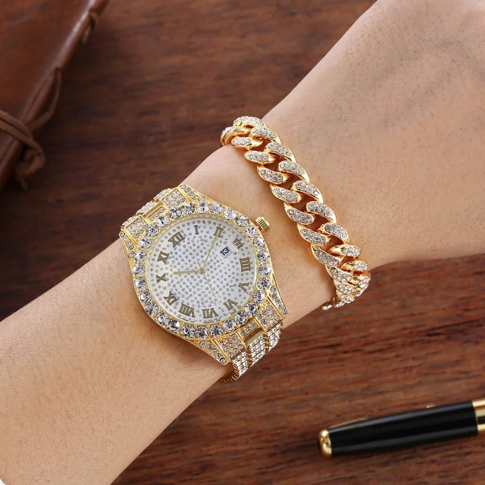 Hip Hop Luxury Stainless Steel Strap Rhinestone Decor Date Quartz Bracelet Watches Set