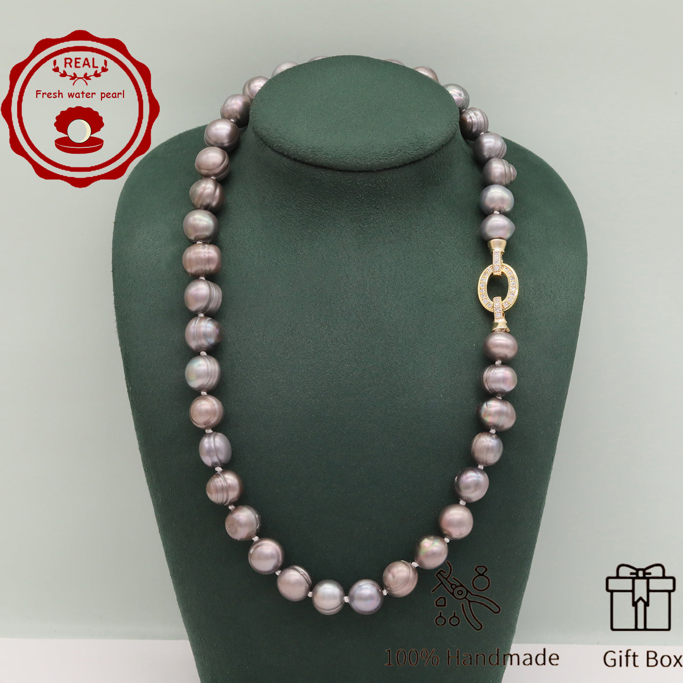 100% handmade authentic 10-11mm grey natural Freshwater Pearl necklace Elegant 17.7inch long men's and women's luxury freshwater pearl necklace with gift box, perfect for everyday, wedding and birthday parties, ideal for Christmas, Valentine's Day