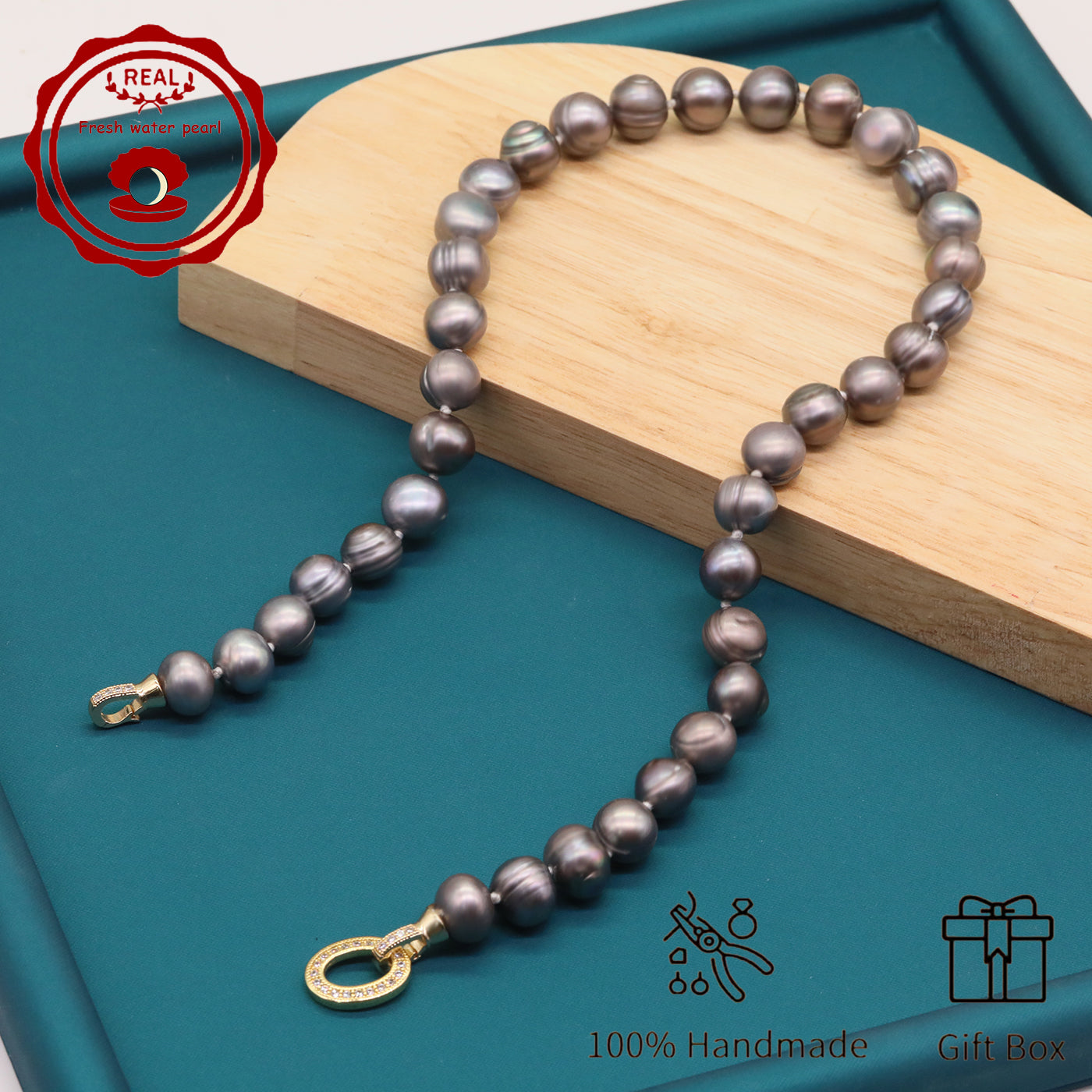 100% handmade authentic 10-11mm grey natural Freshwater Pearl necklace Elegant 17.7inch long men's and women's luxury freshwater pearl necklace with gift box, perfect for everyday, wedding and birthday parties, ideal for Christmas, Valentine's Day