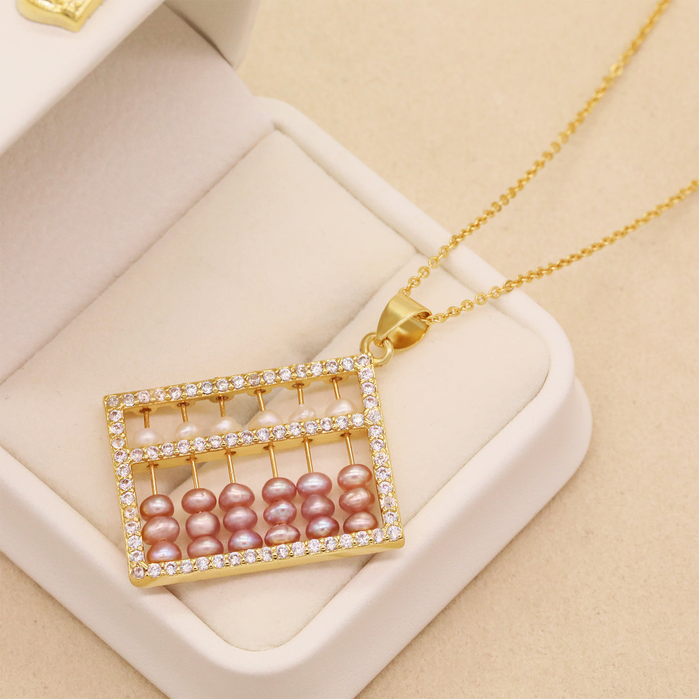 Elegant fresh water pearl pendant necklace, with gold abacus fresh water pearl pendant Romantic fashion fresh water pearl pendant necklace, with gift box, suitable for birthday, Christmas, anniversary gifts【XL-2502Golden-05】