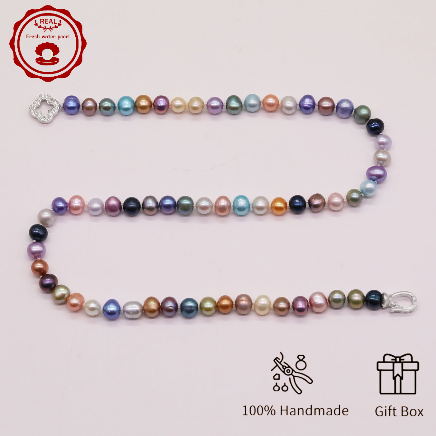 Natural Multicolor Freshwater Pearl Necklace Handmade 18.1Inch Length 7-8Mm Natural Freshwater Pearl Necklace with Flower Clasp Genuine Freshwater Pearl Necklace Comes with Gift Box 【NK-XL2501Colour-01】