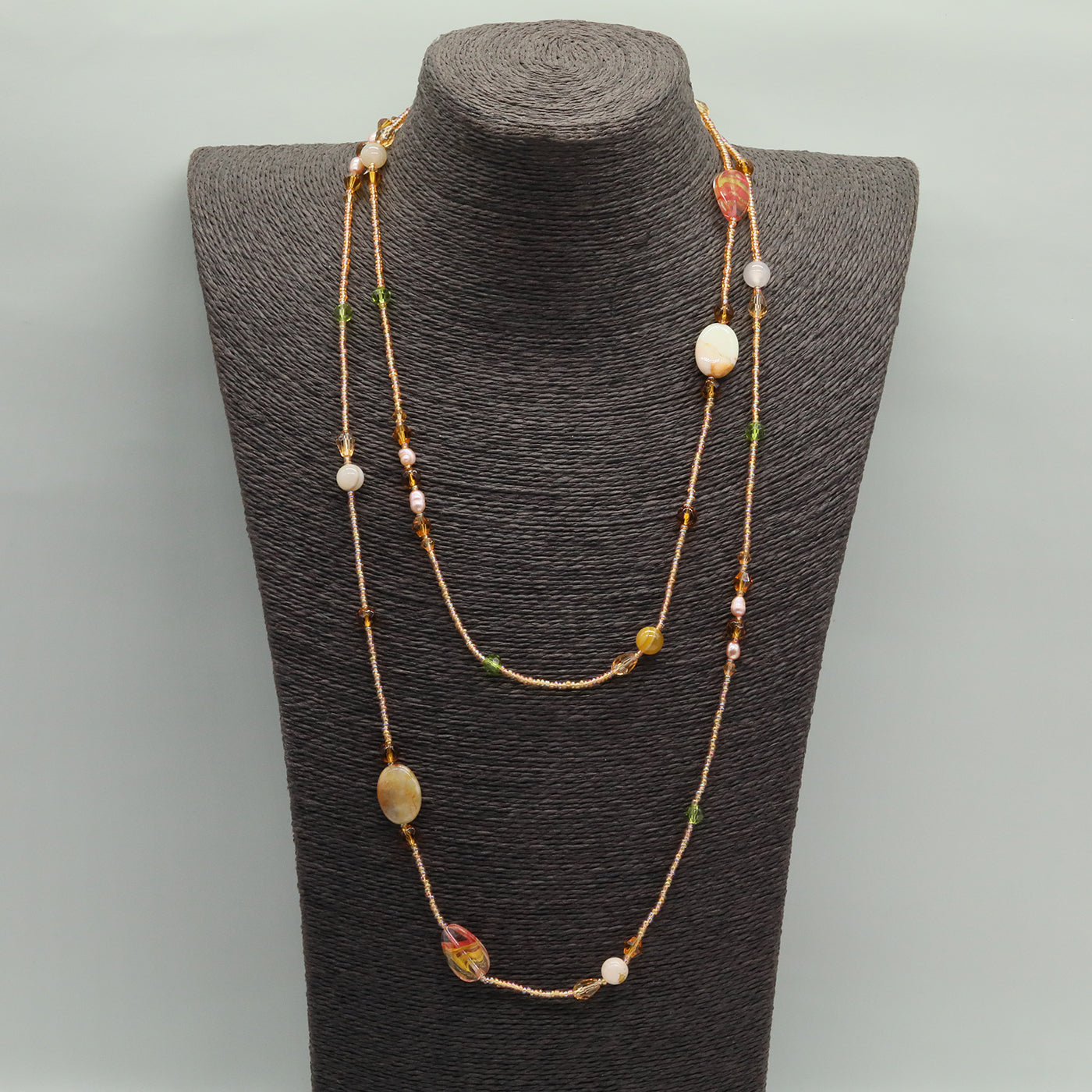 Bohemian style 51.2inch long Yellow stone with Freshwater Pearl Long necklace Handmade elegant long necklace ideal for Christmas and Valentine's Day gifts, suitable for everyday, wedding, birthday parties and anniversaries