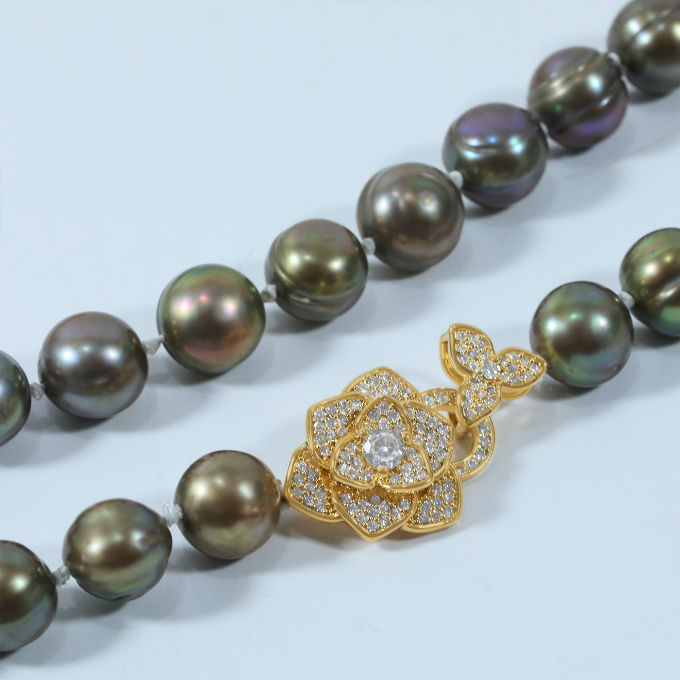 Authentic 10-11mm Brown Freshwater Pearl necklace 100% handmade 17.7inch long round freshwater Pearl necklace with diamond set gold flower buckle elegant Christmas, Valentine's Day gift