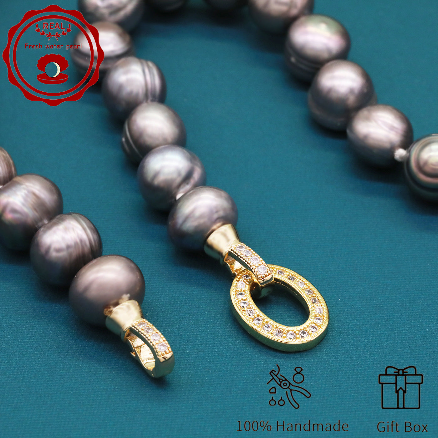 100% handmade authentic 10-11mm grey natural Freshwater Pearl necklace Elegant 17.7inch long men's and women's luxury freshwater pearl necklace with gift box, perfect for everyday, wedding and birthday parties, ideal for Christmas, Valentine's Day