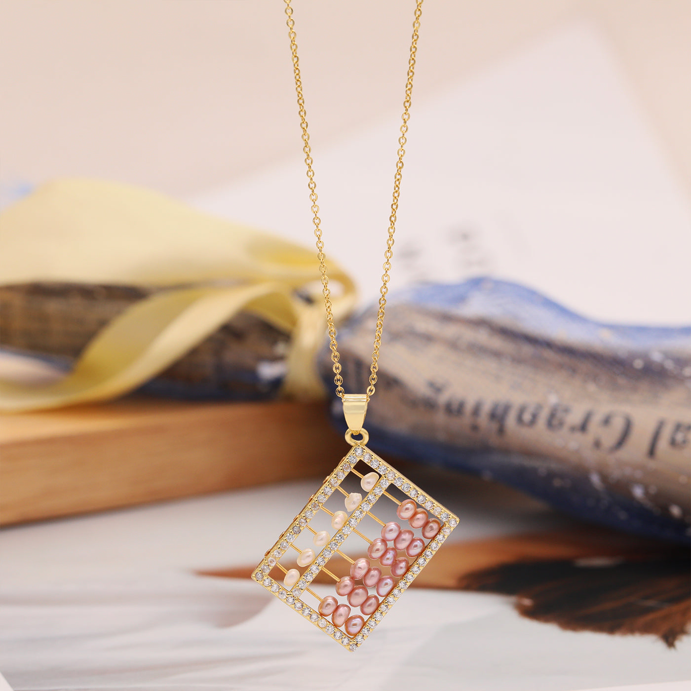 Elegant fresh water pearl pendant necklace, with gold abacus fresh water pearl pendant Romantic fashion fresh water pearl pendant necklace, with gift box, suitable for birthday, Christmas, anniversary gifts【XL-2502Golden-05】