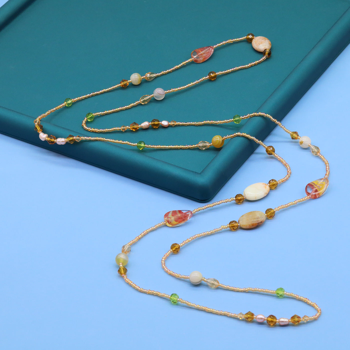 Bohemian style 51.2inch long Yellow stone with Freshwater Pearl Long necklace Handmade elegant long necklace ideal for Christmas and Valentine's Day gifts, suitable for everyday, wedding, birthday parties and anniversaries