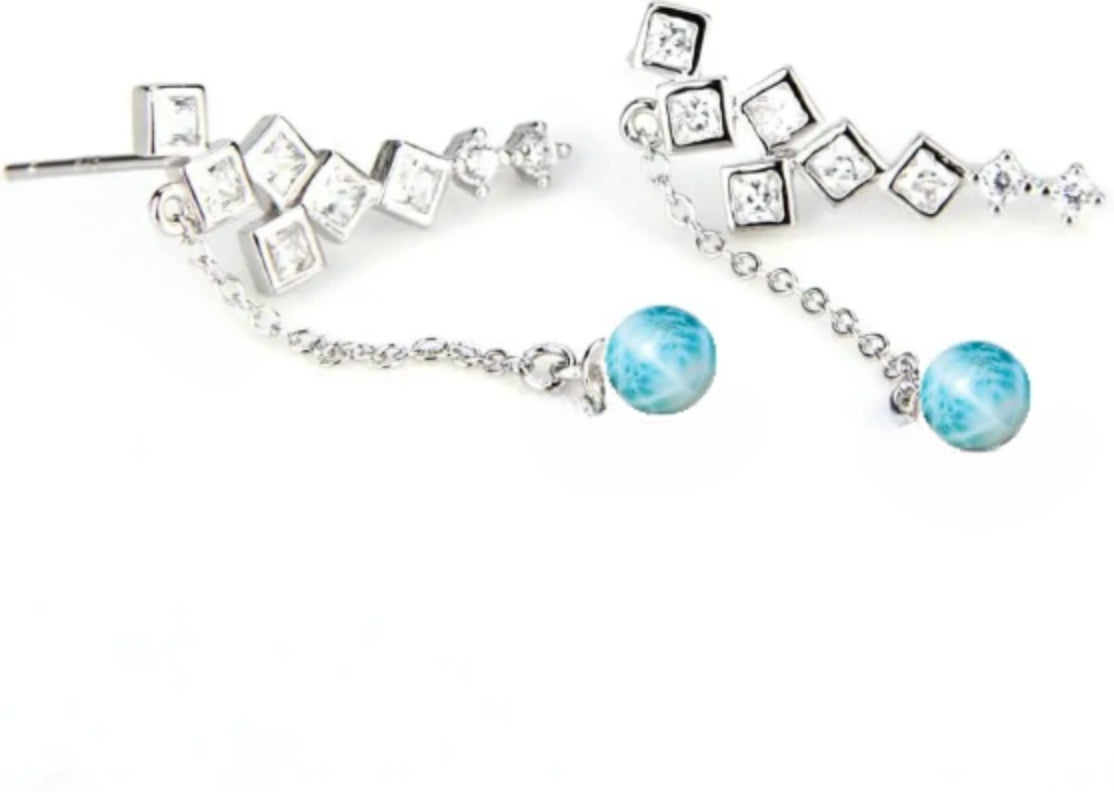 Elegant sterling silver earring with AAAA cubic stone and dangling larimar gemstones