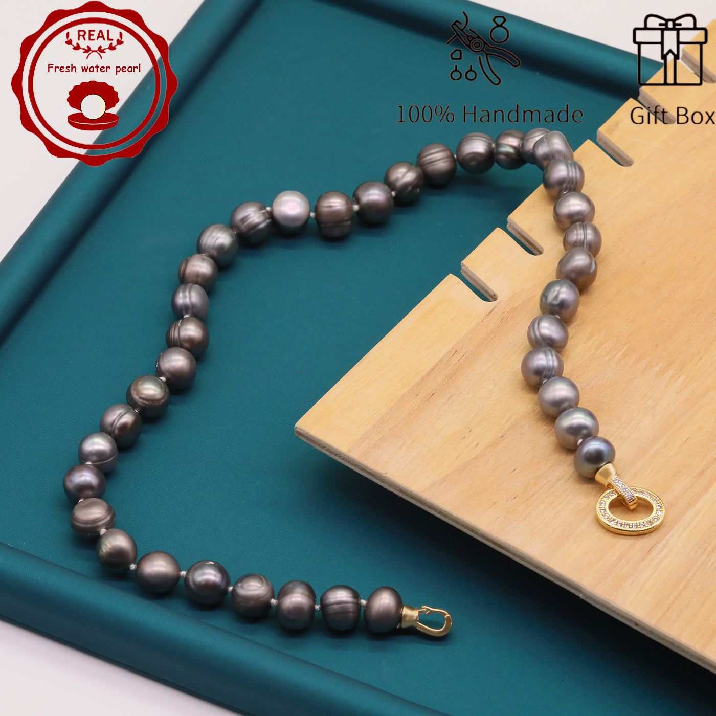 100% handmade authentic 10-11mm grey natural Freshwater Pearl necklace Elegant 17.7inch long men's and women's luxury freshwater pearl necklace with gift box, perfect for everyday, wedding and birthday parties, ideal for Christmas, Valentine's Day