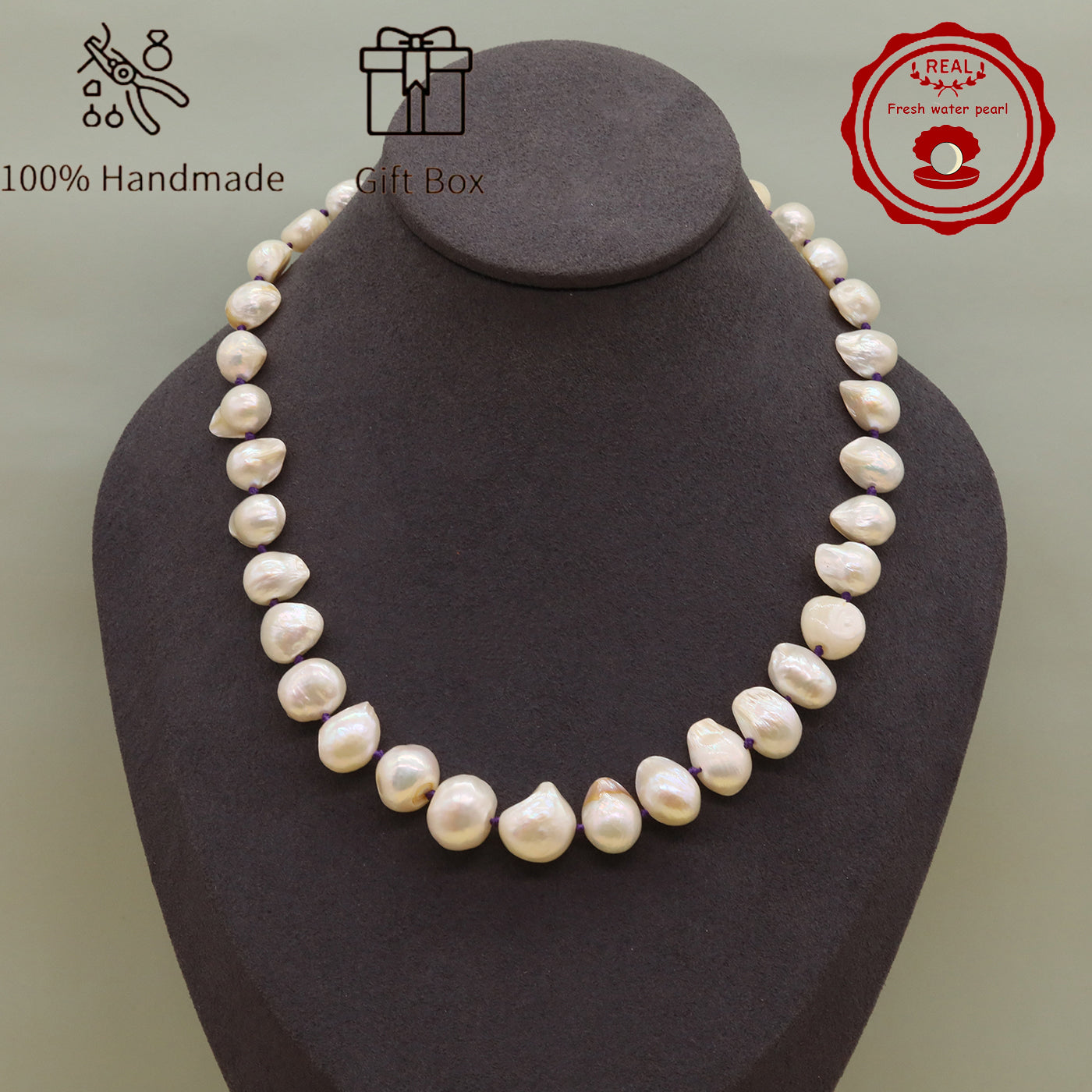 Irregular White Baroque Natural Freshwater Pearl Necklace 100% handmade 17.7inch long 12-17mm Freshwater Pearl necklace suitable for everyday, wedding, birthday parties, Christmas, Valentine's Day, stylish Baroque freshwater pearl necklace